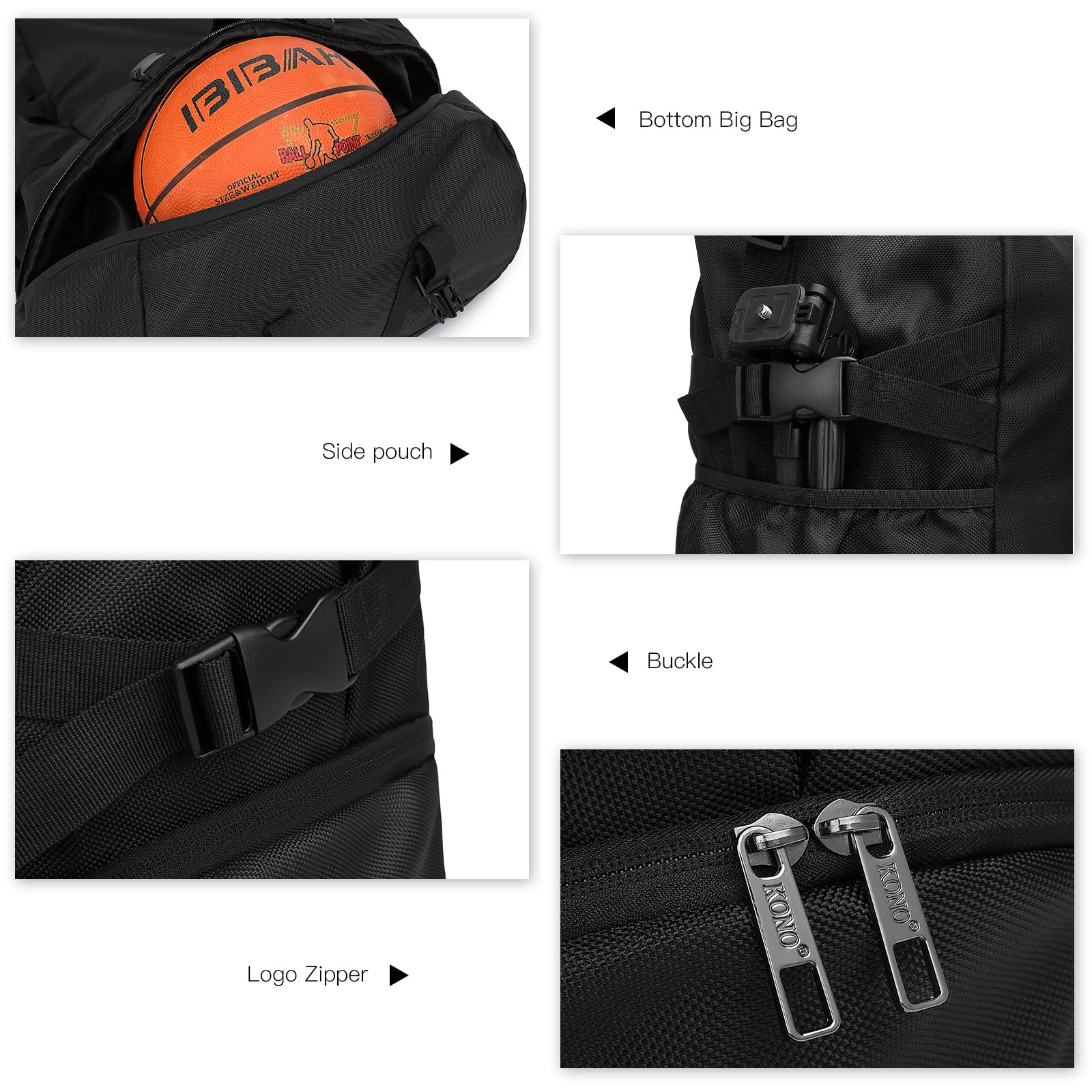 Kono Mochila Deportiva para Baloncesto Bolsa Portátil con Cuerda Negro