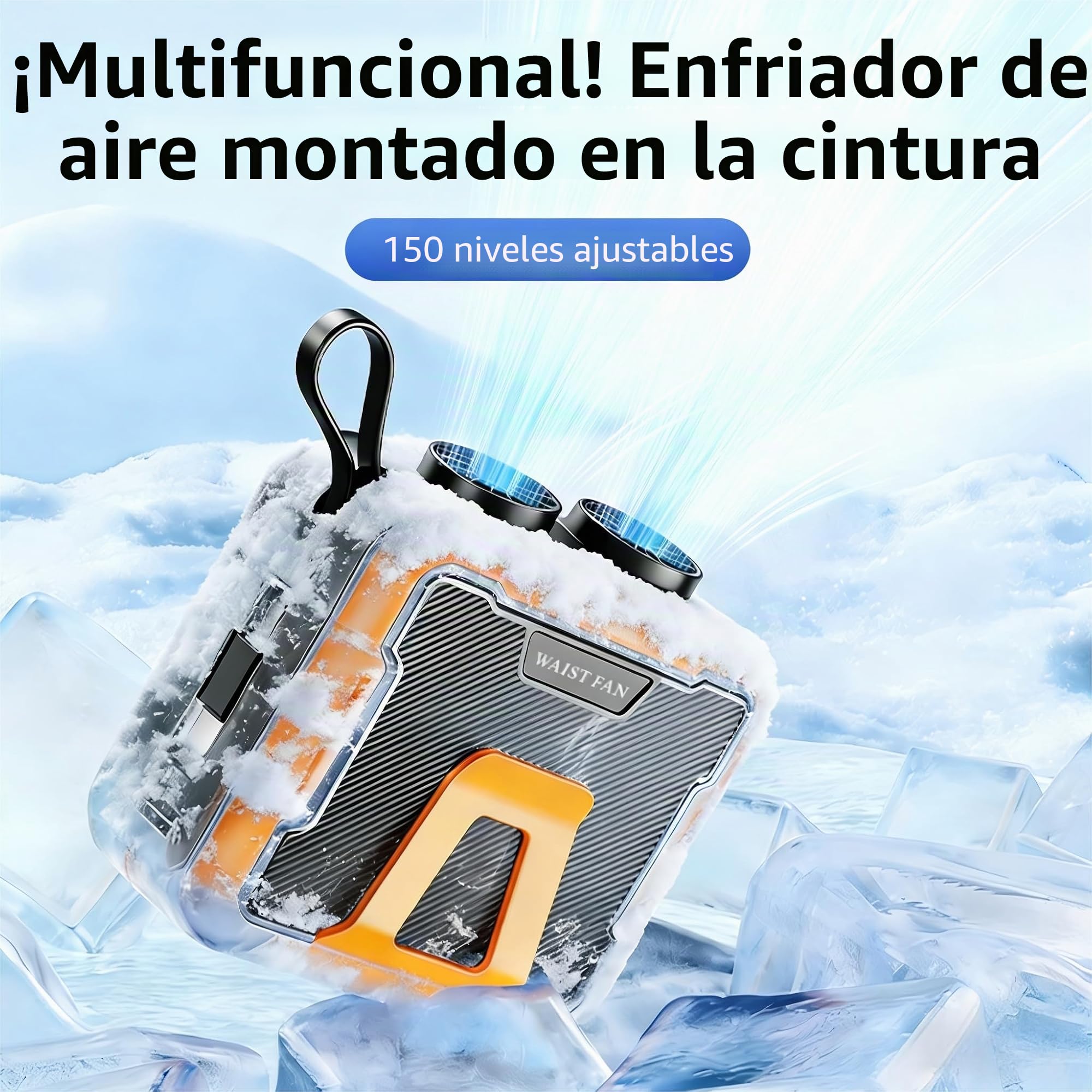 Ventilador de Cintura Portátil 6000mAh, Ventilador Colgante con 150 Velocidades, Doble Salida de Aire, Luz LED, Recargable USB C para Exterior, Trabajadores de la Construcción, Reparto, Senderismo