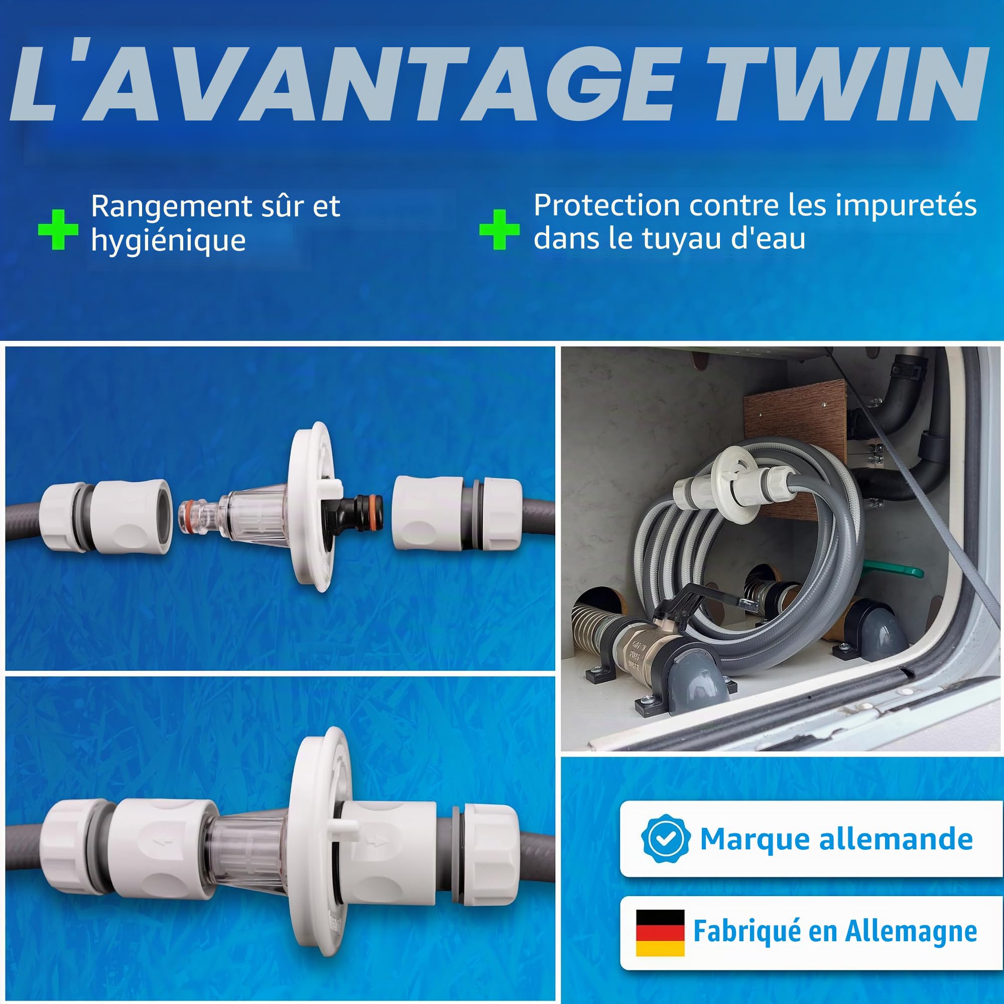 Adaptateur de bouchon de réservoir d’eau avec connexion pour système Gardena | Camping-car, caravane, bateau | Fonction de débordement et double embrayage intégré (adaptateur 3 broches D:78mm)