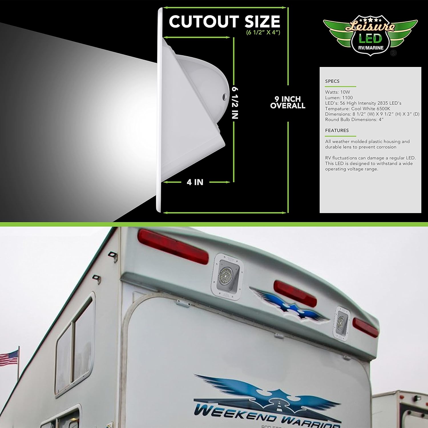 Leisure LED RV Exterior Flood Porch Utility Light - White 12v 1100 Lumen Lighting Fixture Replacement Lighting for Weekend Warrior RVs, Trailers, Campers, 5th Wheels (White)