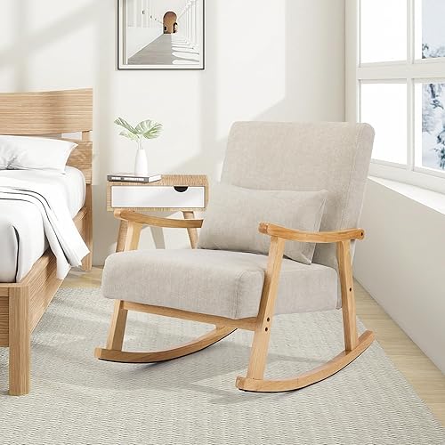 Miniatura 8 de Mecedora moderna de mediados de siglo con almohada lumbar, silla mecedora tapizada para cuarto de bebé, silla de enfermería con marco de madera