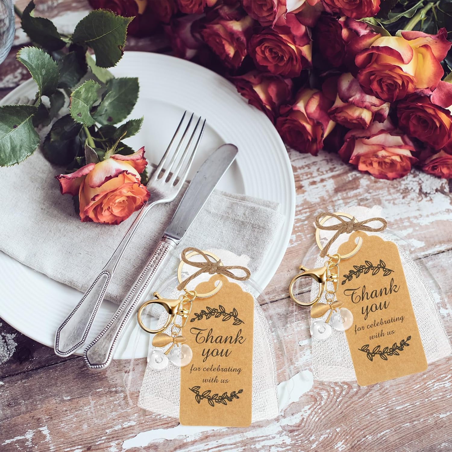 Ecation 20 Set Clear Cherry Keychain Party Favor Bulk Steel Keyring Charm Accessories Souvenir Present Kraft Tag Organza Bag for Guest Baptism Bridal Baby Shower Valentine Wedding Gift