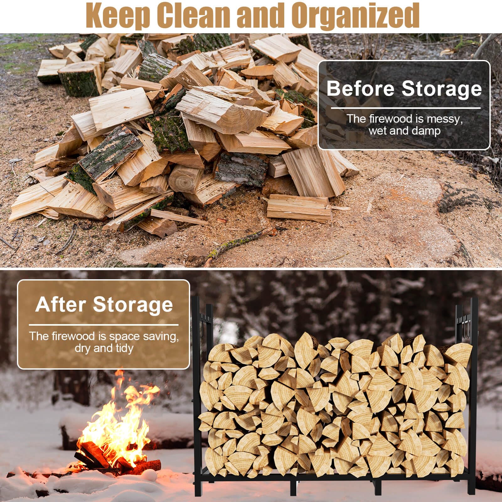 Estante Exterior Ganchos Estante De Leña Tetutor Para Exteriores - 4 Pies,  Con Portador Y Ganchos Leñero Interior, image size:1600x1600