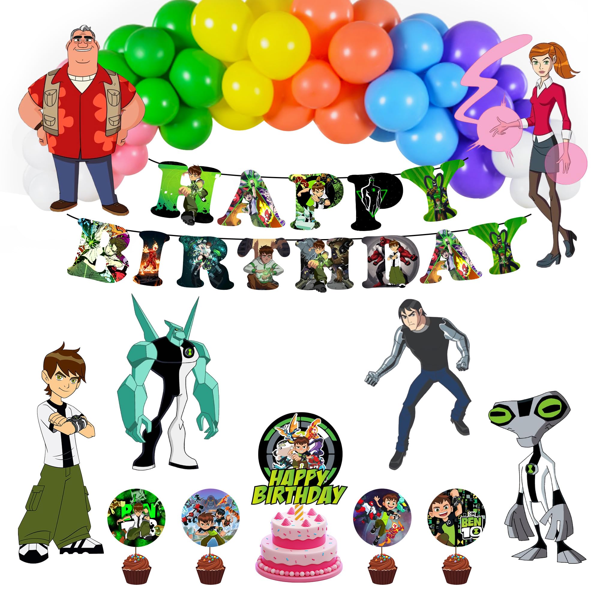Partyjoy Birthday Decoration Ben 10 Kit for Kids | Happy Birthday Banner with Ben 10 Theme | Alien Hero Party Supplies Set with Cake Topper & Cupcake Toppers | (With multicolor balloons)