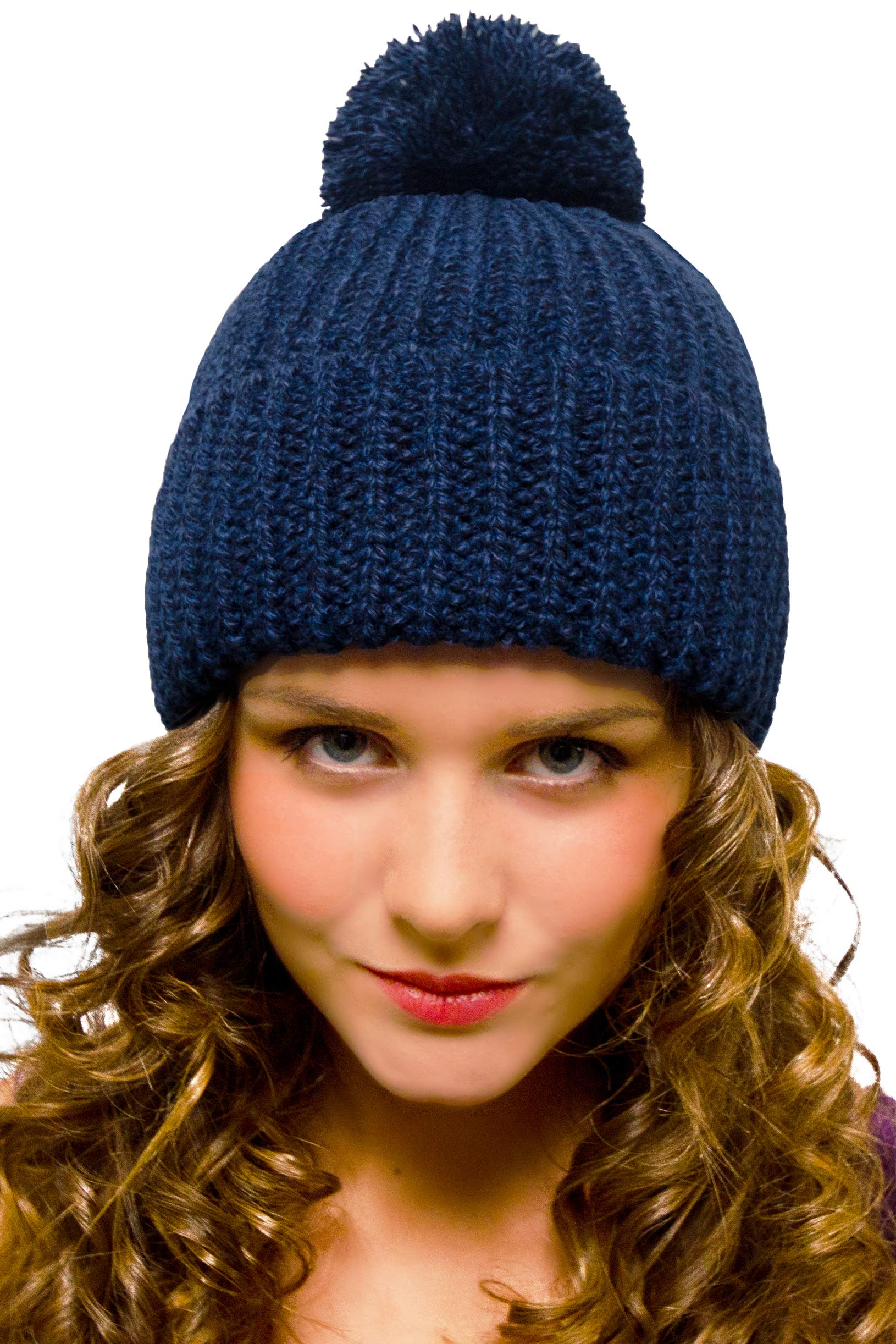 Entire Empire Women's Blue Navy Bobble Hat - Woolly Beanie With Pompom For - Winter Hat Chunky Knit - Knitted Hat Large Bobble Woolen Hat With Pom Pom (Blue)