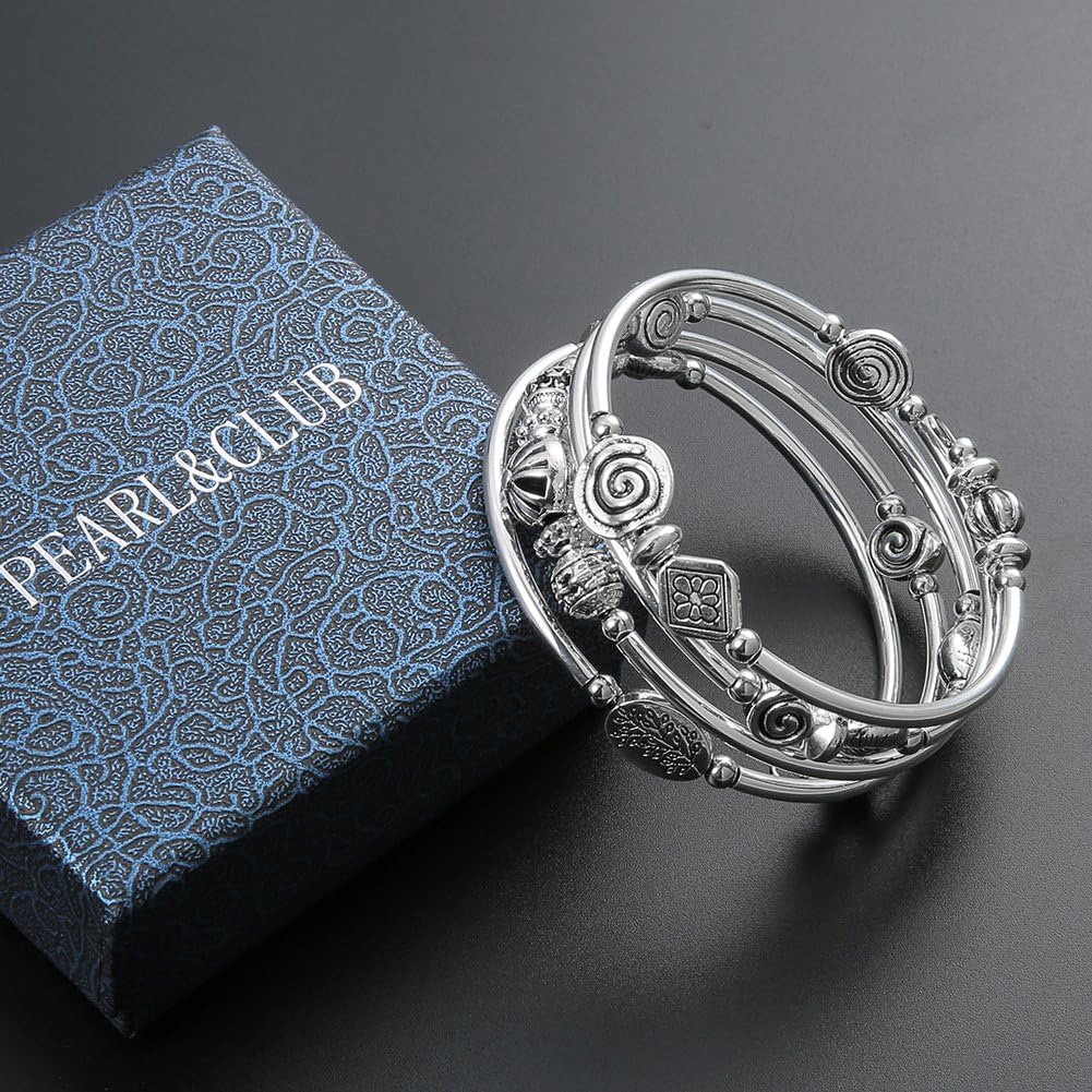 Beaded Pearl Bangle Wrap Bracelet - Fashion Bohemian Jewelry Multilayer Charm Bracelet with Thick Silver Metal Beads, Gift For Women - Image 6