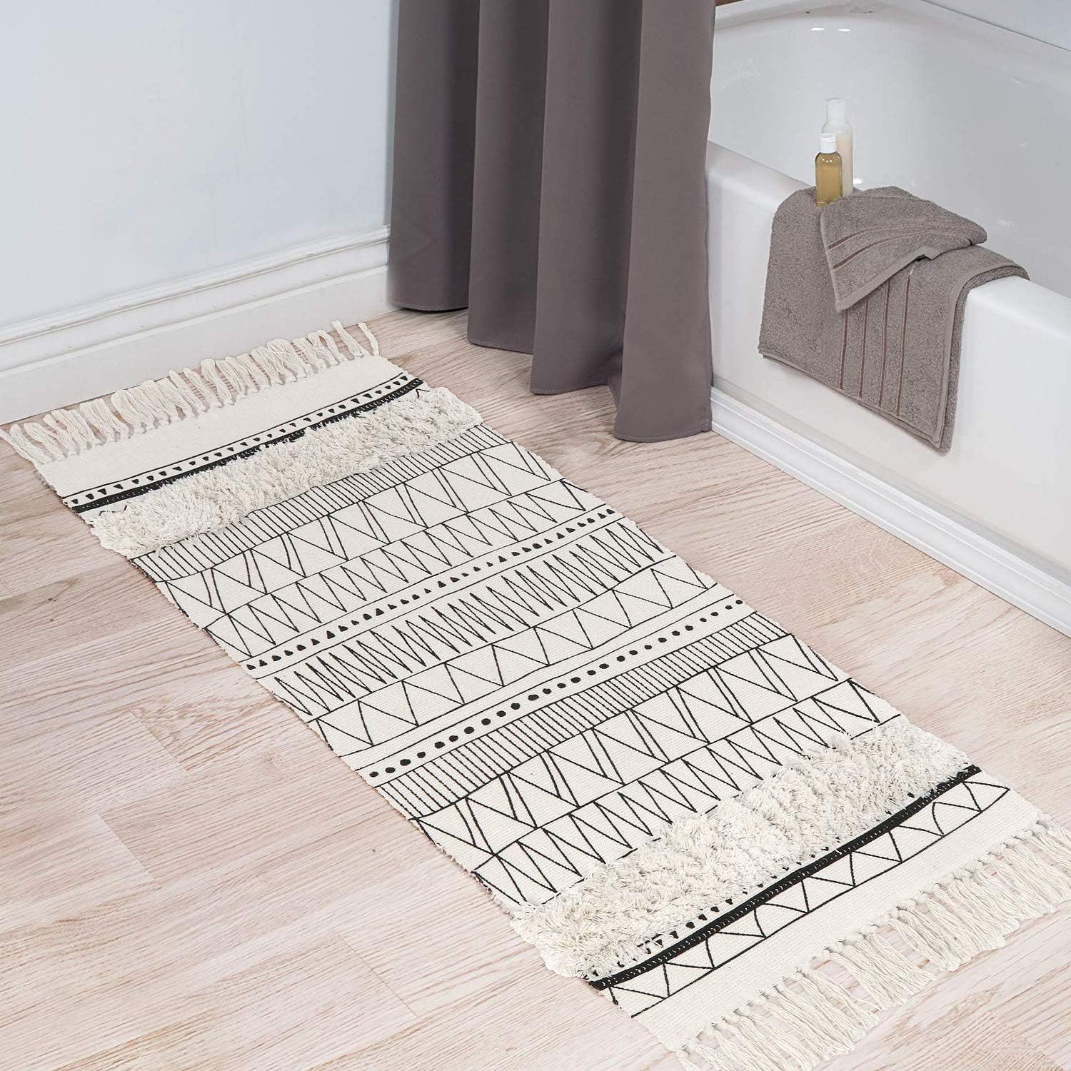 Boho Bedroom Runner Rug 2' x 4.4' KIMODE Washable Tufted Cotton Throw Rug with Tassels Geometric Farmhouse Indoor Woven Tribal Small Area Rug Doormat for Laundry Room/Hallway Kitchen