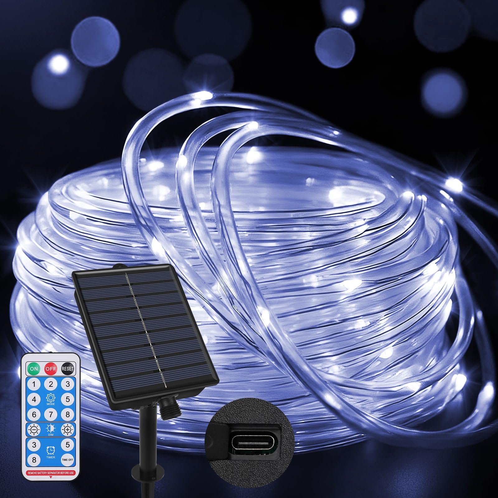 Joollurm Outdoor Rope Lights 65.6ft/20m 200 LEDs, Dual Solar & Type-C Charging, 8 Lighting Modes with Remote Timer, Waterproof String Lights for Garden Yard Party Christmas Decoration- White