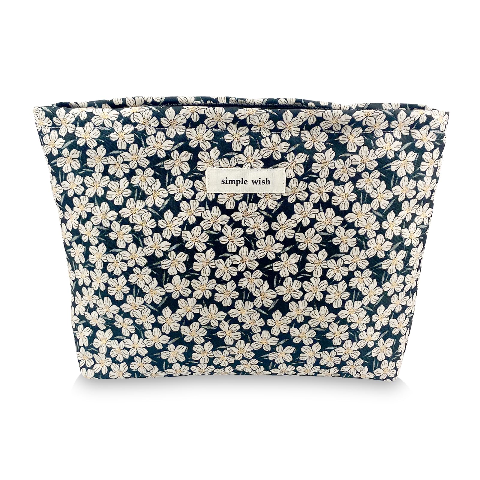 Yovell Large Aesthetic Makeup Bag, Floral Cosmetic Bags for Women Girls, Canvas Makeup Organizer Storage with Zipper, Travel Toiletry Bag, Cute Skincare Bag (Daisy Black)