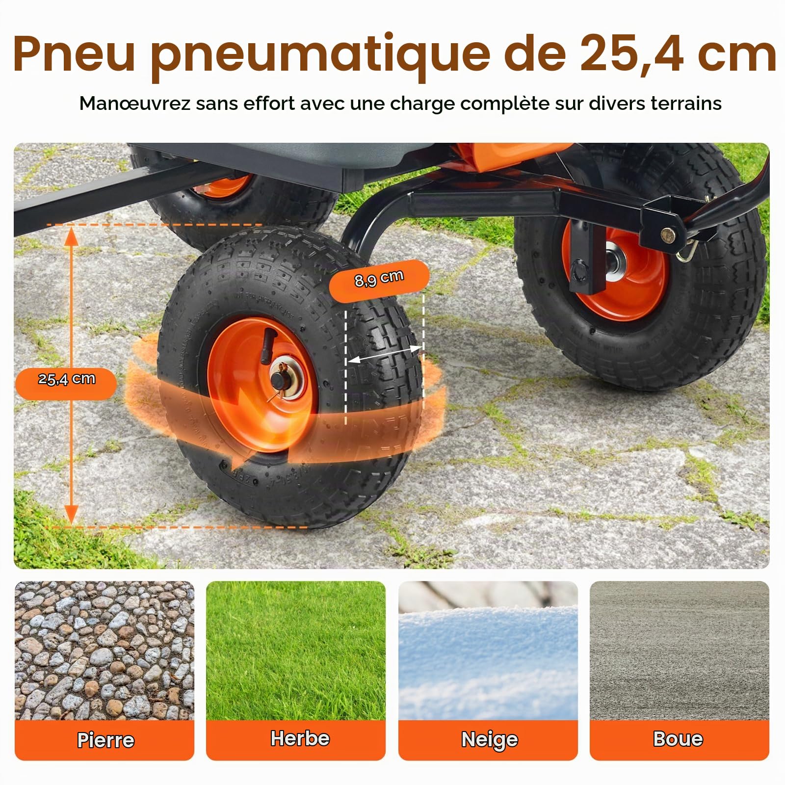 VEVOR Chariot à Benne basculante, capacité de Charge 363 kg​, Chariot de Jardin en polyéthylène Robuste avec Cadre en Acier, poignée Convertible 2 en 1, Roues 255 mm, brouette Utilitaire pour pelouse