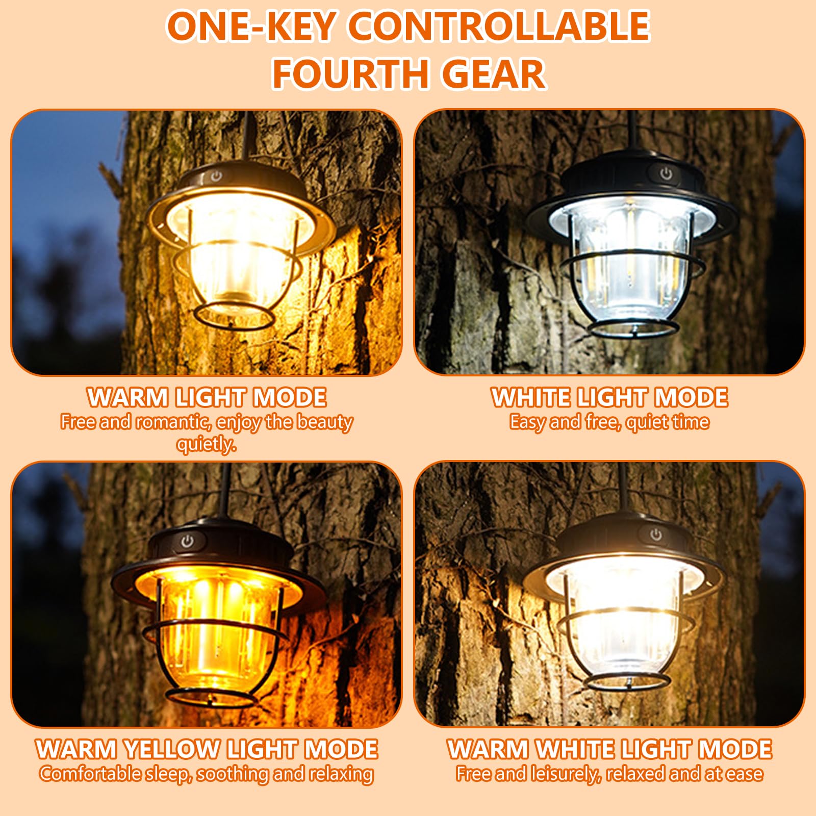 Lampada da campeggio a LED ricaricabile USB: lampada da campeggio portatile con gancio per tenda, escursionismo, pesca, all'aperto e cadute di emergenza, impermeabile IPX4, 4 modalità di