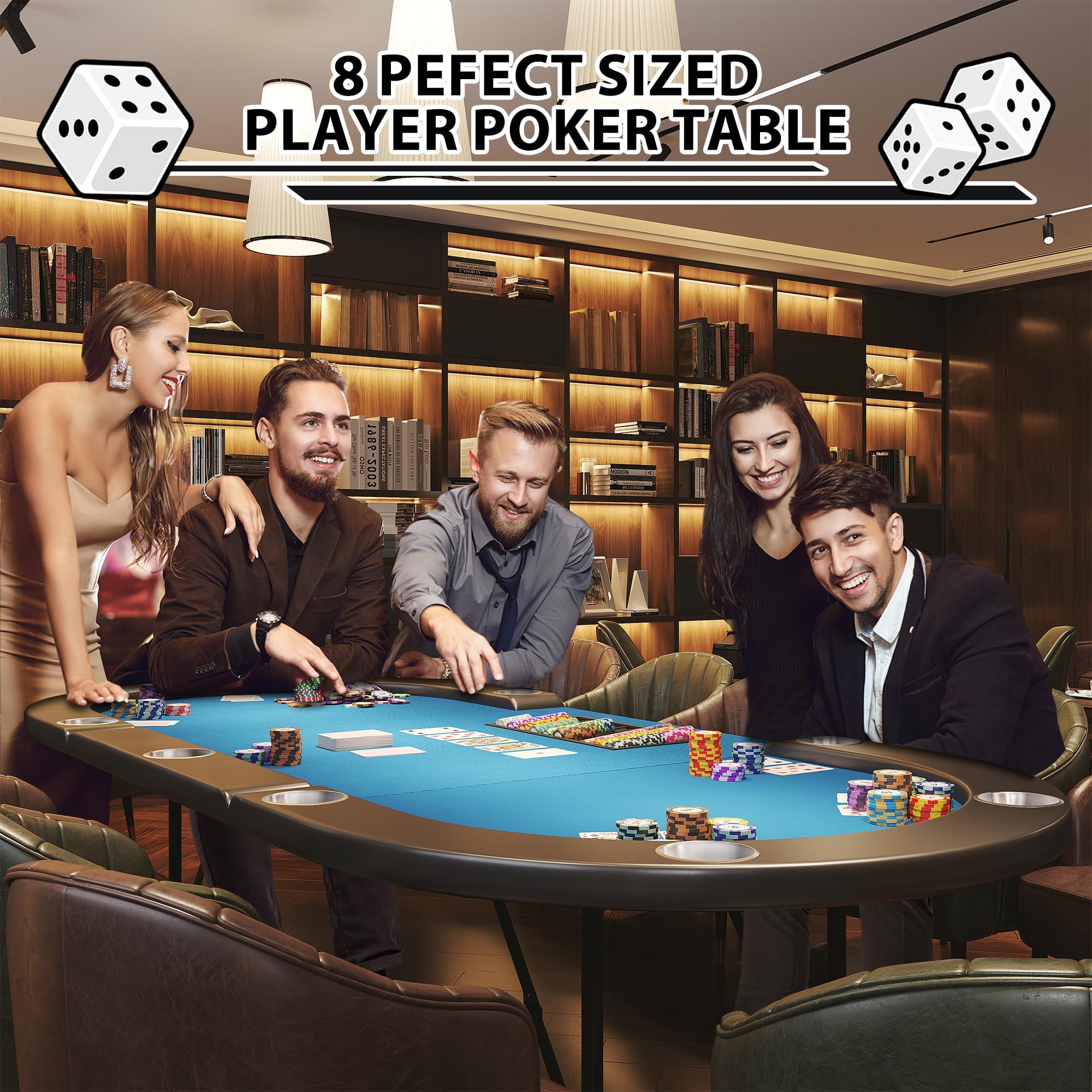 Garvee Klappbarer Pokertisch für 8-10 Personen, Ovaler Casino Spieltisch mit Blauem Filz, 207x106x75cm
