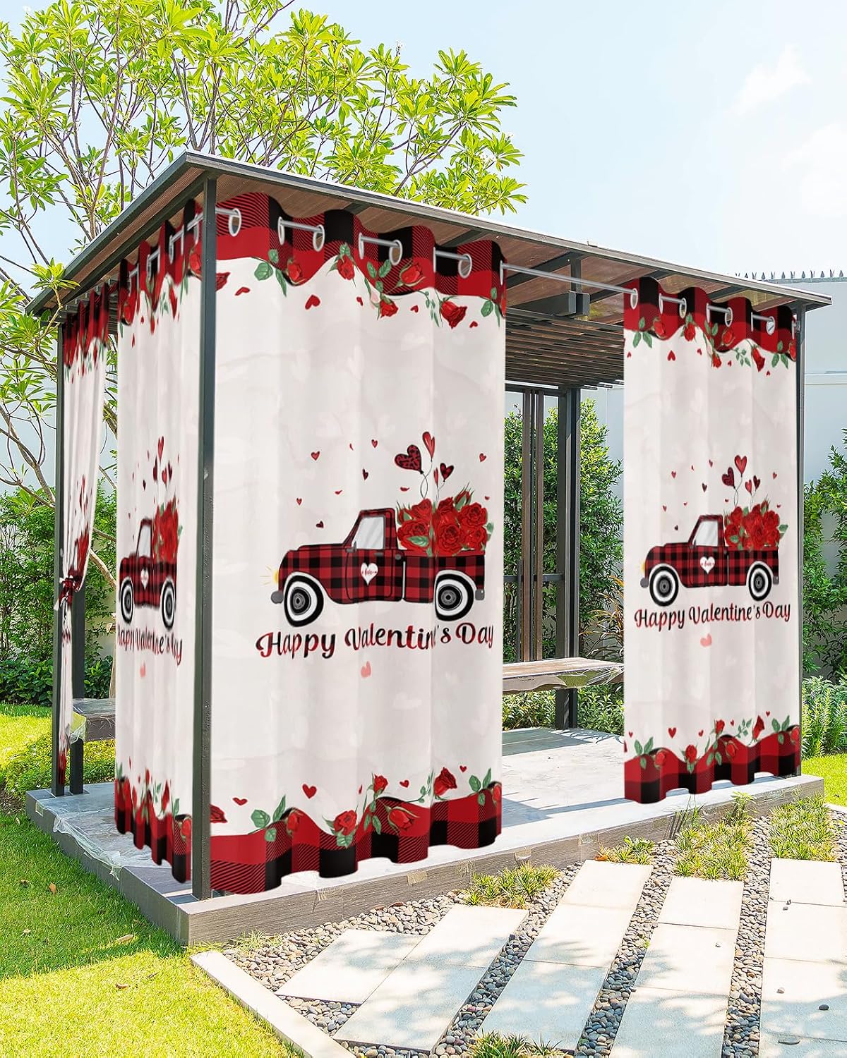 2 Panels Waterproof Outdoor Curtains 95 inches Long for Patio Happy Valentine's Day Buffalo Plaid Truck with Roses Indoor Outdoor Privacy Curtain Light Filter Grommet Drapes for Porch Cabana Pergola