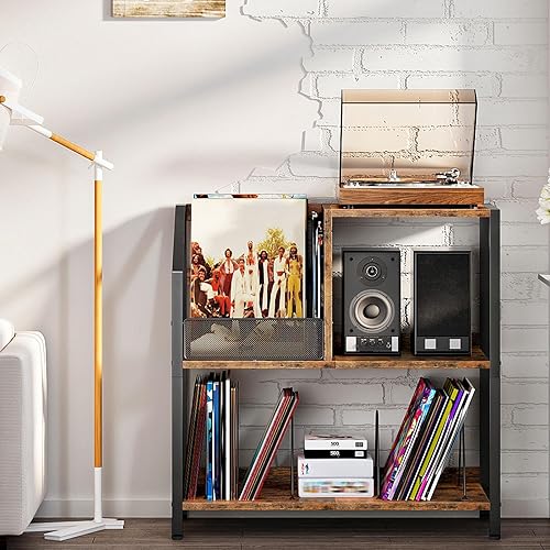 Miniatura 2 de Soporte grande para tocadiscos, soporte para discos de vinilo, estante de exhibición de vinilo, soporte rústico para tocadiscos, para libros, marrón