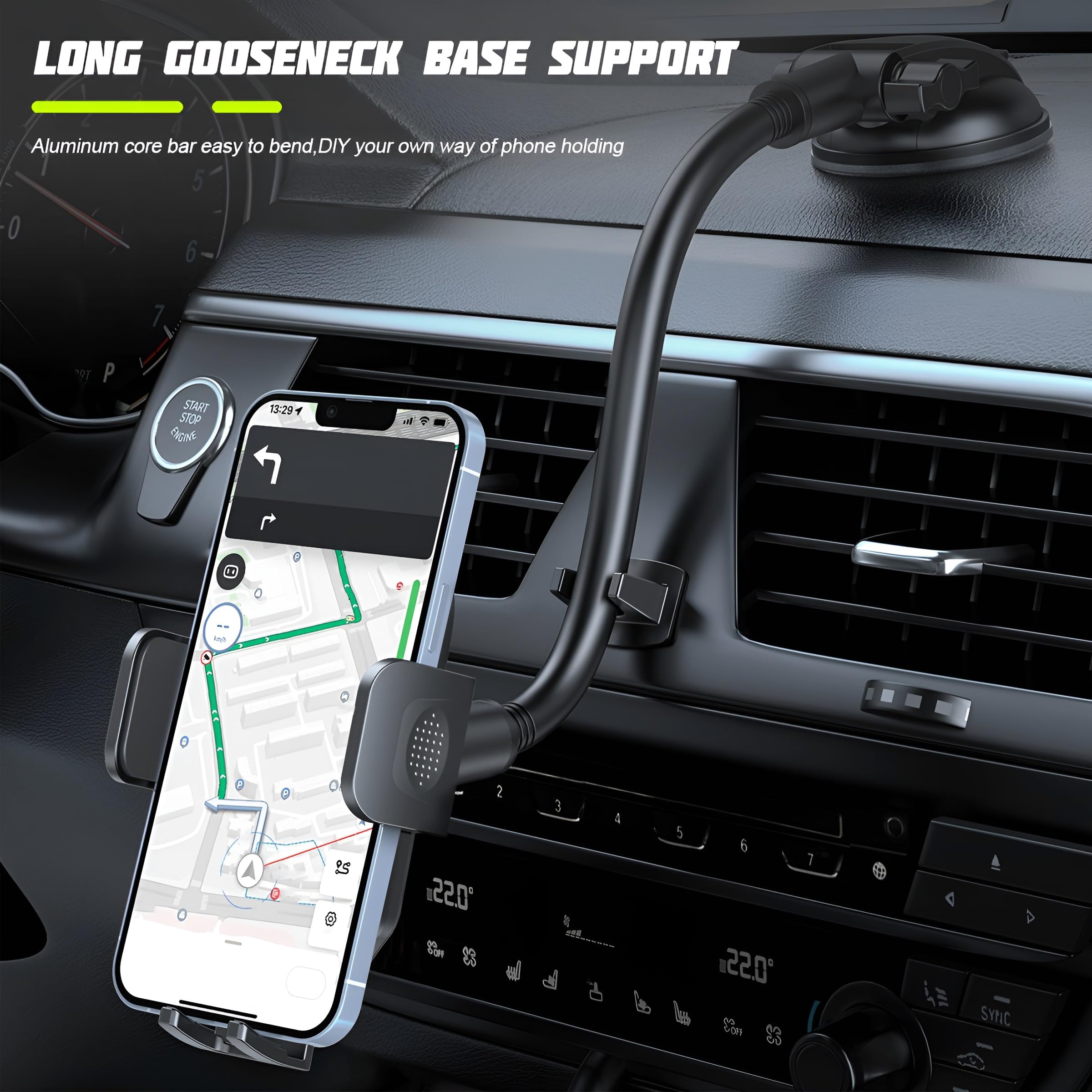Zpana Supporto per telefono da auto, braccio lungo, rotazione a 360°, supporto per telefono cellulare con ventosa, anti-vibrazione, supporto per smartphone, universale, per SUV, camper, camion (nero)