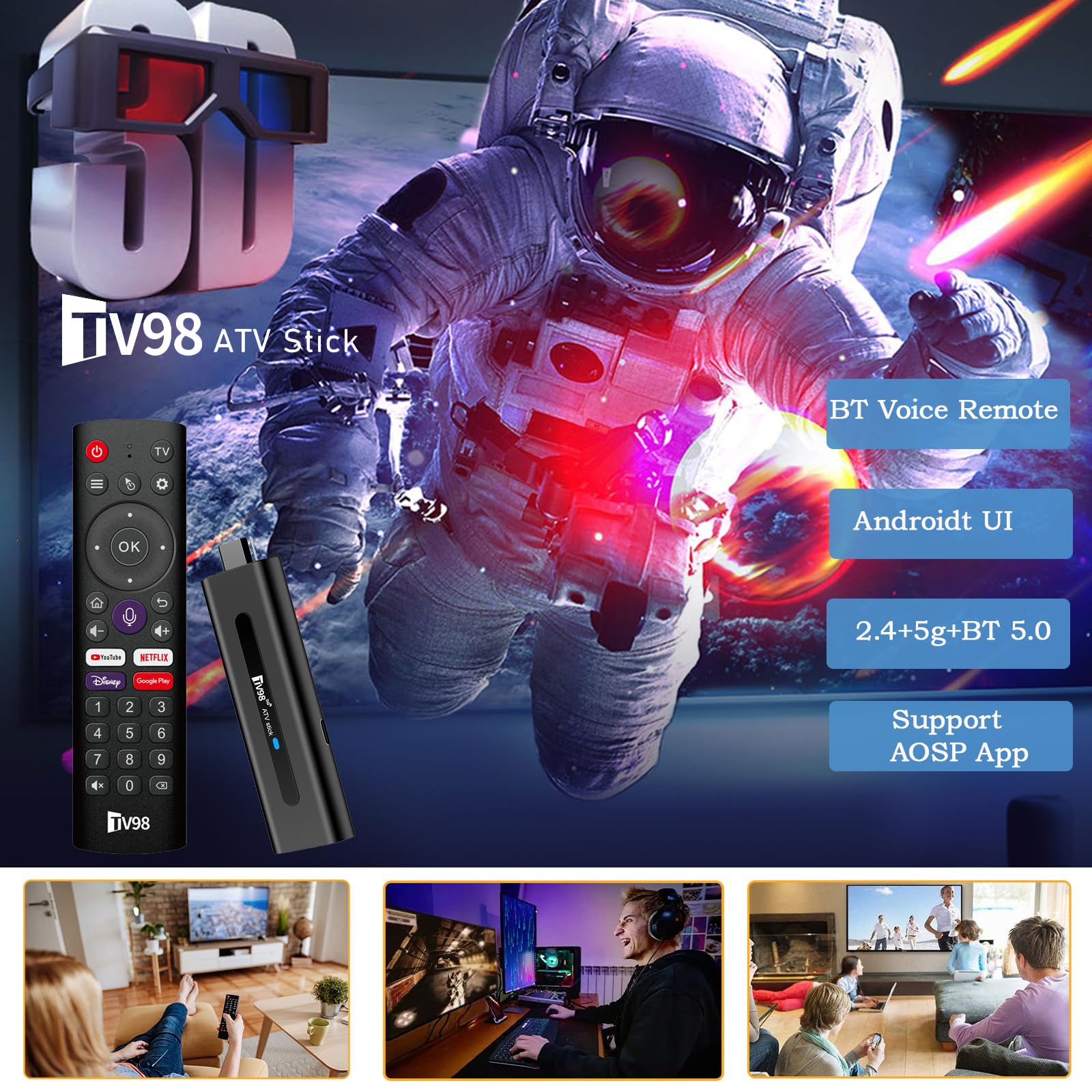 Android 14.0 TV Box, 8K Streaming Key 2GB RAM 16GB ROM, Dual WiFi 2.4G/5.8G, HDMI, 4K HDR, telecomando vocale, lettore di film 3D, adatto per Android TV Box o chiavi