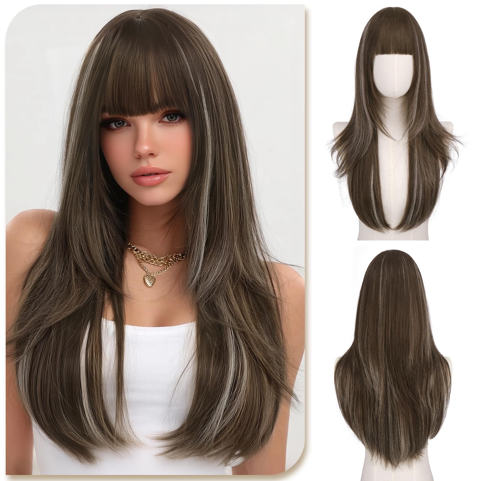 Sofeiyan Parrucca Marrone Scuro con Riflessi Cenere-Oro Lunga con Frangia,65 cm Parrucca Capelli Lisci per Donna,Capelli in Fibra Sintetica Naturale,Parrucche a Strati per Quotidiano Feste Cosplay