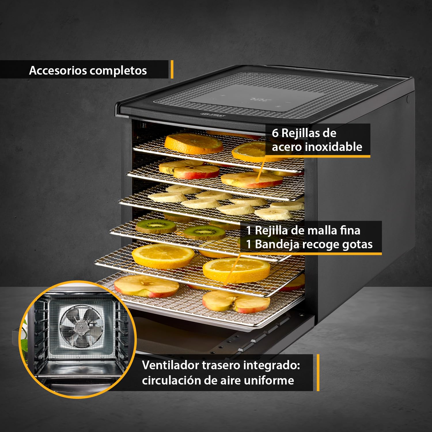 TZS First Austria Deshidratador - Deshidratador para frutas, verduras y carne - Digital con temporizador y control de temperatura 35-70 °C - 6 niveles de acero inoxidable, deshidratador con timer