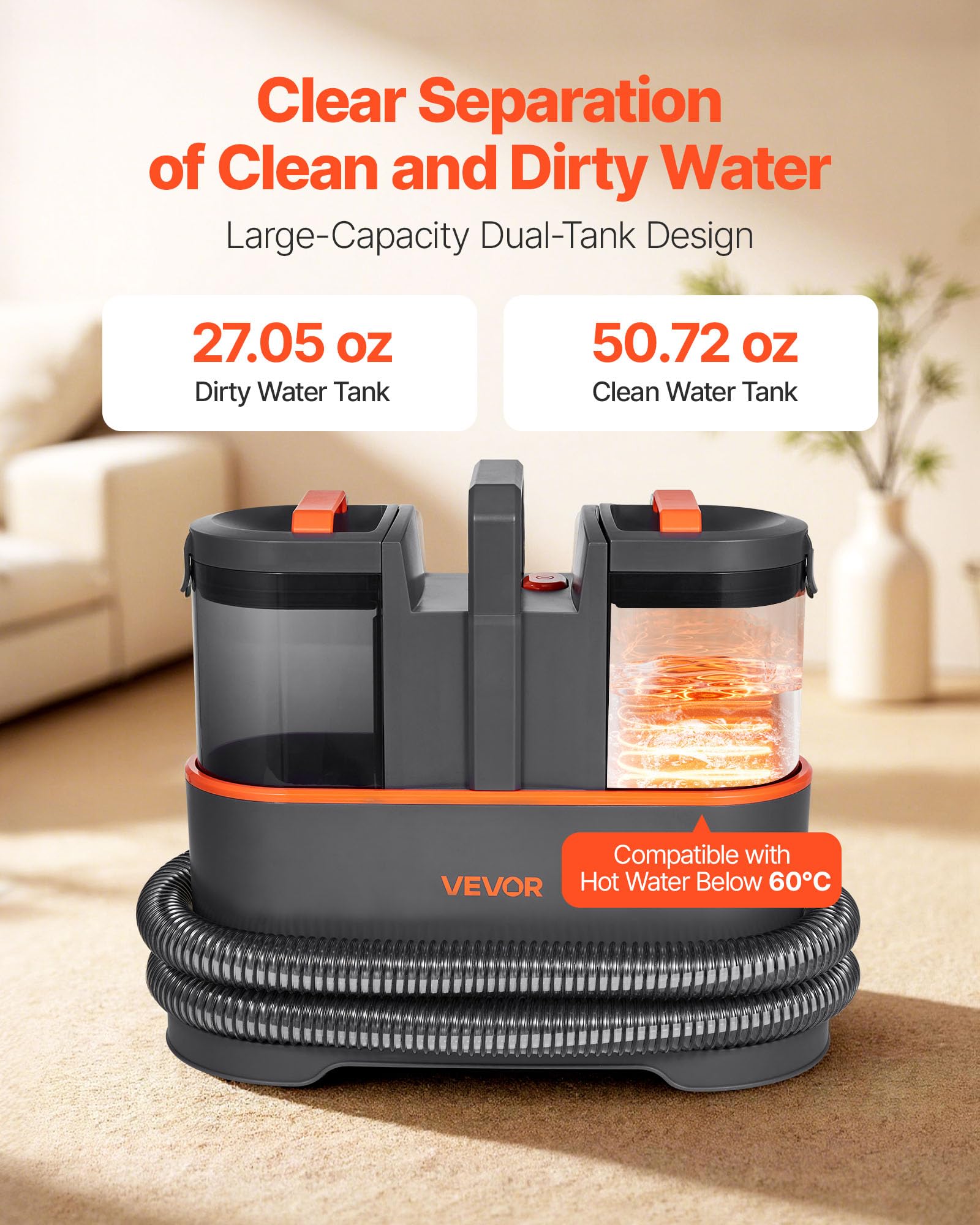 VEVOR Máquina de Limpieza de Alfombras, con Tanque de Agua Limpia de 1,5 L y Tanque de Agua Sucia de 0,8 L, Limpiador Portátil Profundo de Manchas de Mano de 11,5 kPa para Alfombras, Sofás y Coches
