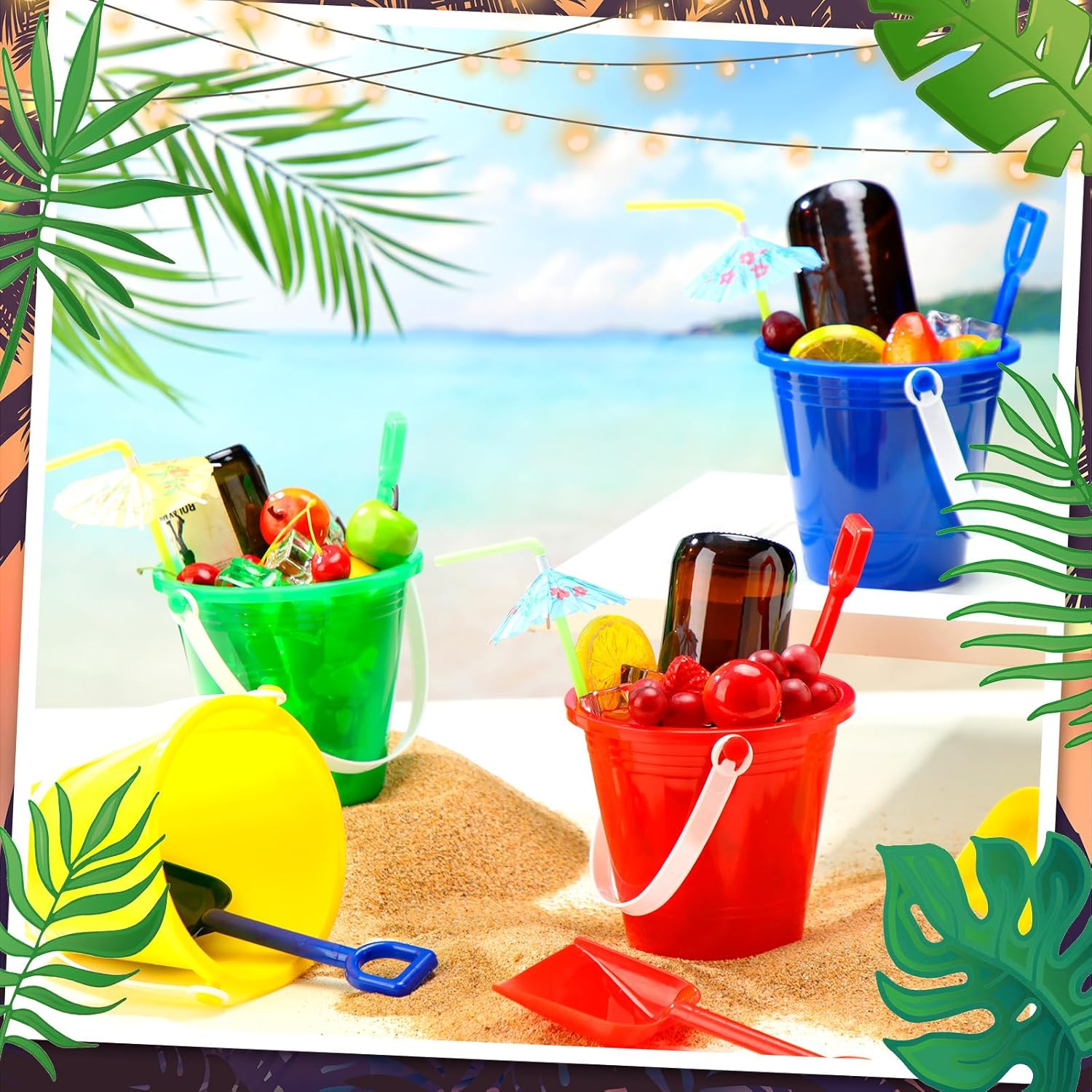 Meekoo 12 Pcs Plastic Rum Buckets for Drinks with 40 Colorful Straws Portable Cocktail Buckets Ice Cream Box with Handles Reusable Smoothie Box for End of Year Gifts Summer Bar Kitchen Punch Bowl