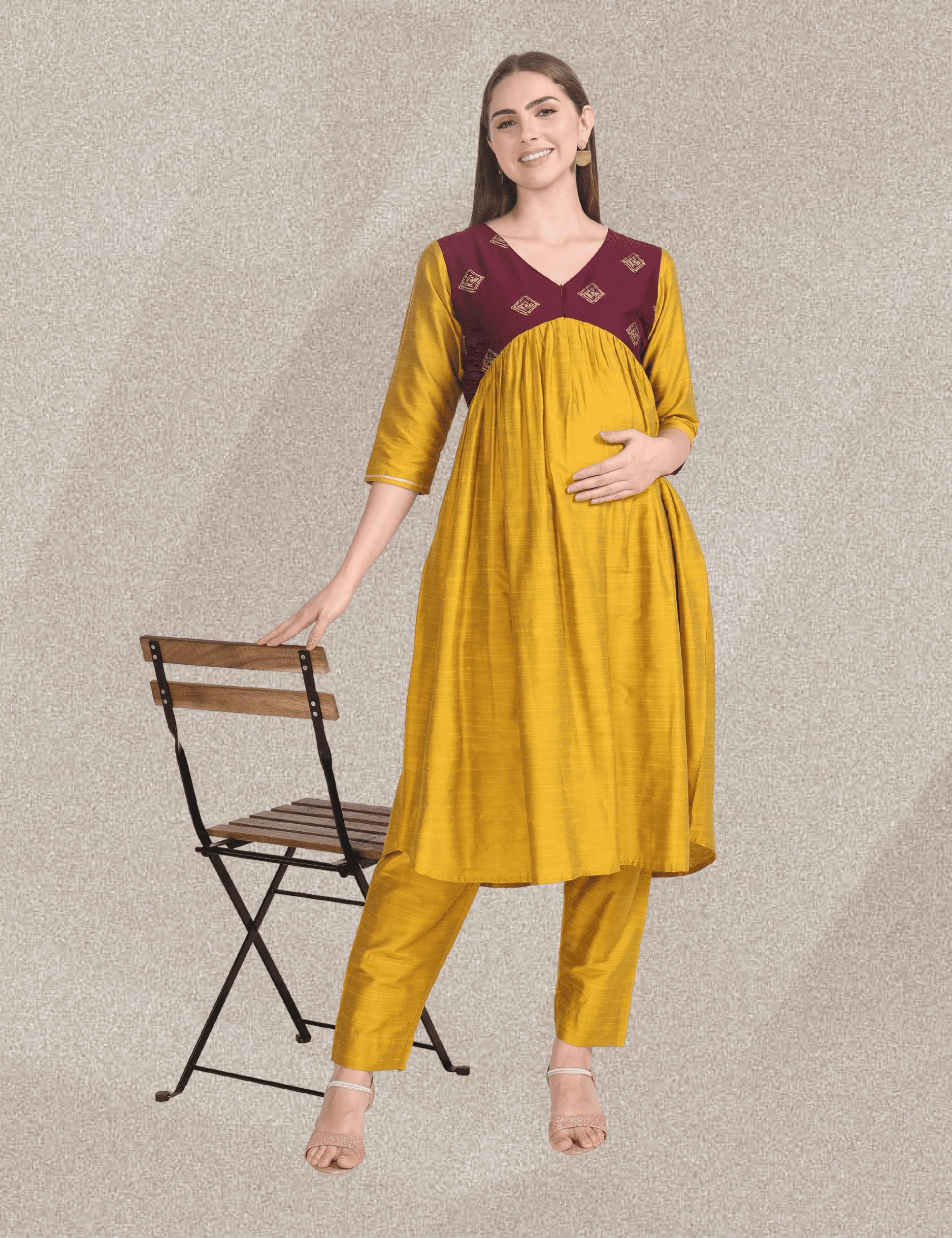 Pavisa Womens Alia Cut Cotton Silk Gold Foil Prints Yellow and Green Maternity Salwar Suit with Deep Two Side Pockets (XXX-Large, Yellow and Wine) - Image 9 thumbnail