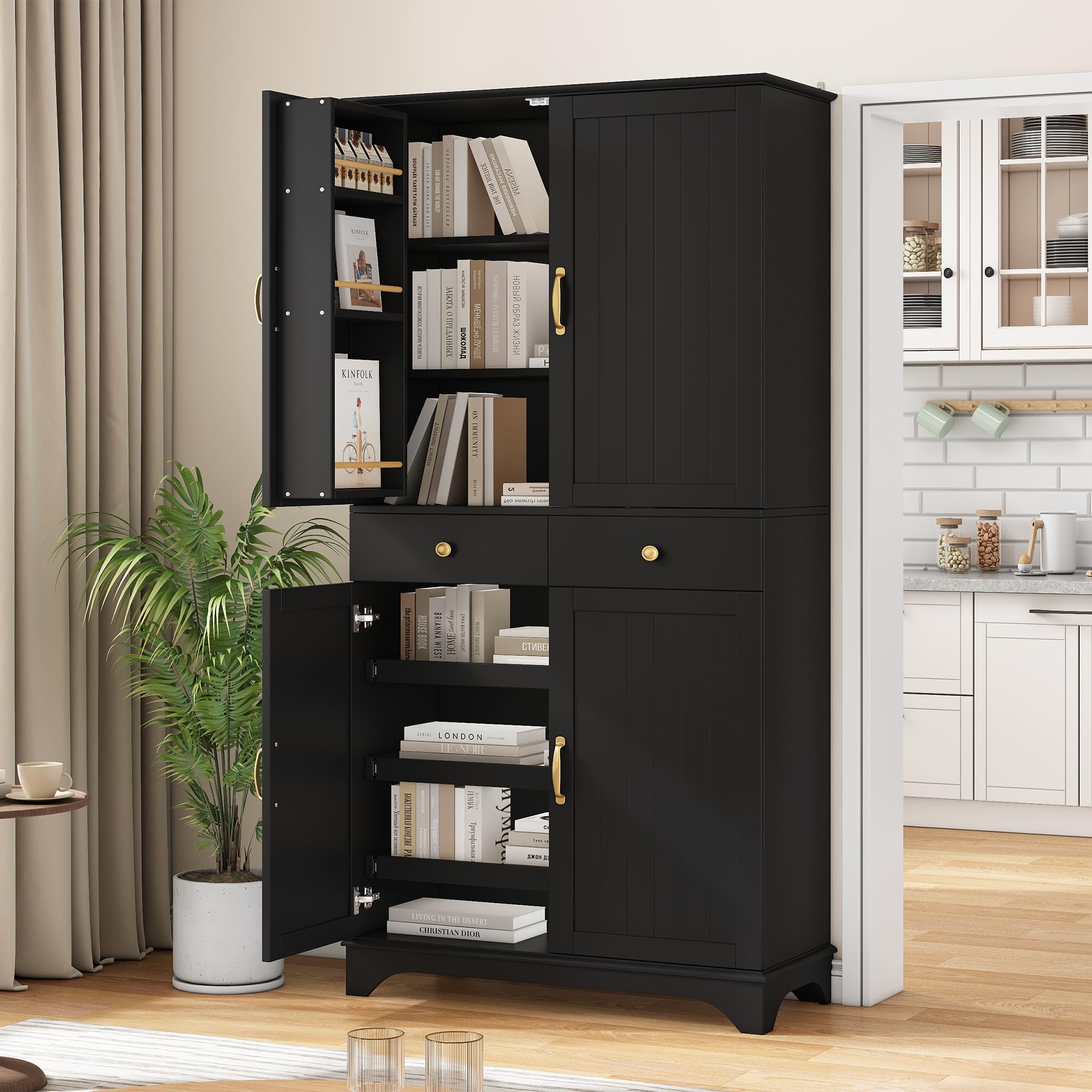 Armario alto con estantes ajustables y cajones, estantería con estantes extensibles y puertas de frigorífico, ideal para comedor, salón y cocina (negro)