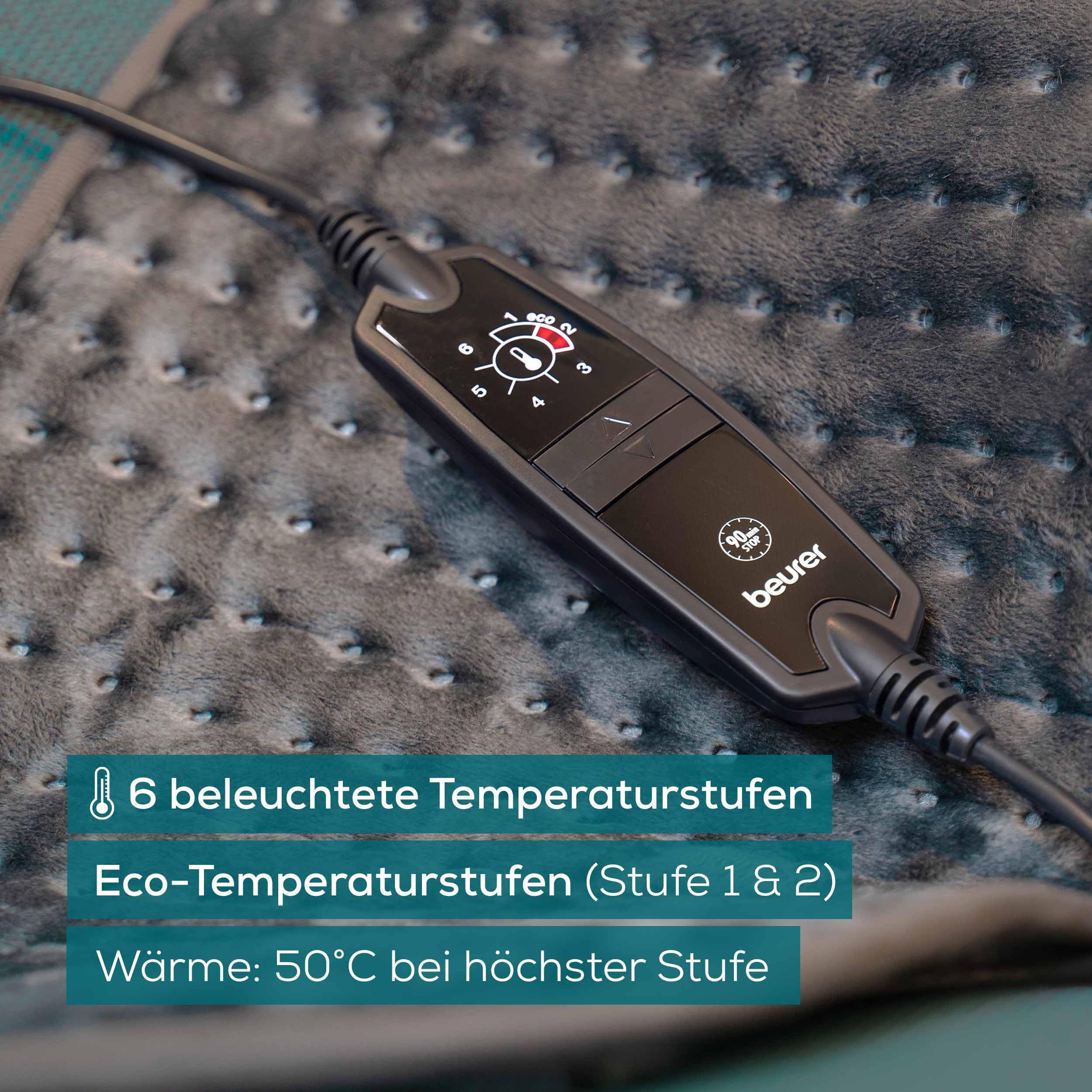 Beurer HK 123 Heizkissen, Made in Europe, Ober- und Unterseite aus 100% recyceltem Material, kuschelig weich, 60 x 30 cm, 6 Temperaturstufen und Abschaltautomatik, maschinenwaschbar, grau