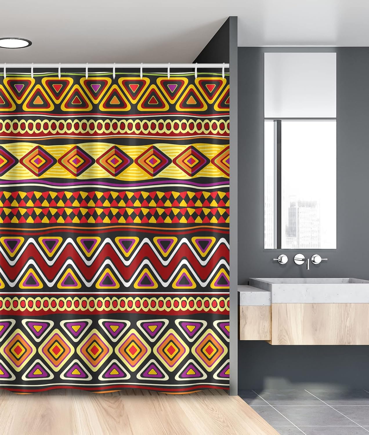 Ambesonne African Stall Shower Curtain, Oriental Patterns Geometric Ornate Forms and Antique Shapes Retro Art, Fabric Bathroom Decor Set with Hooks, 36" W x 72" L, Multicolor