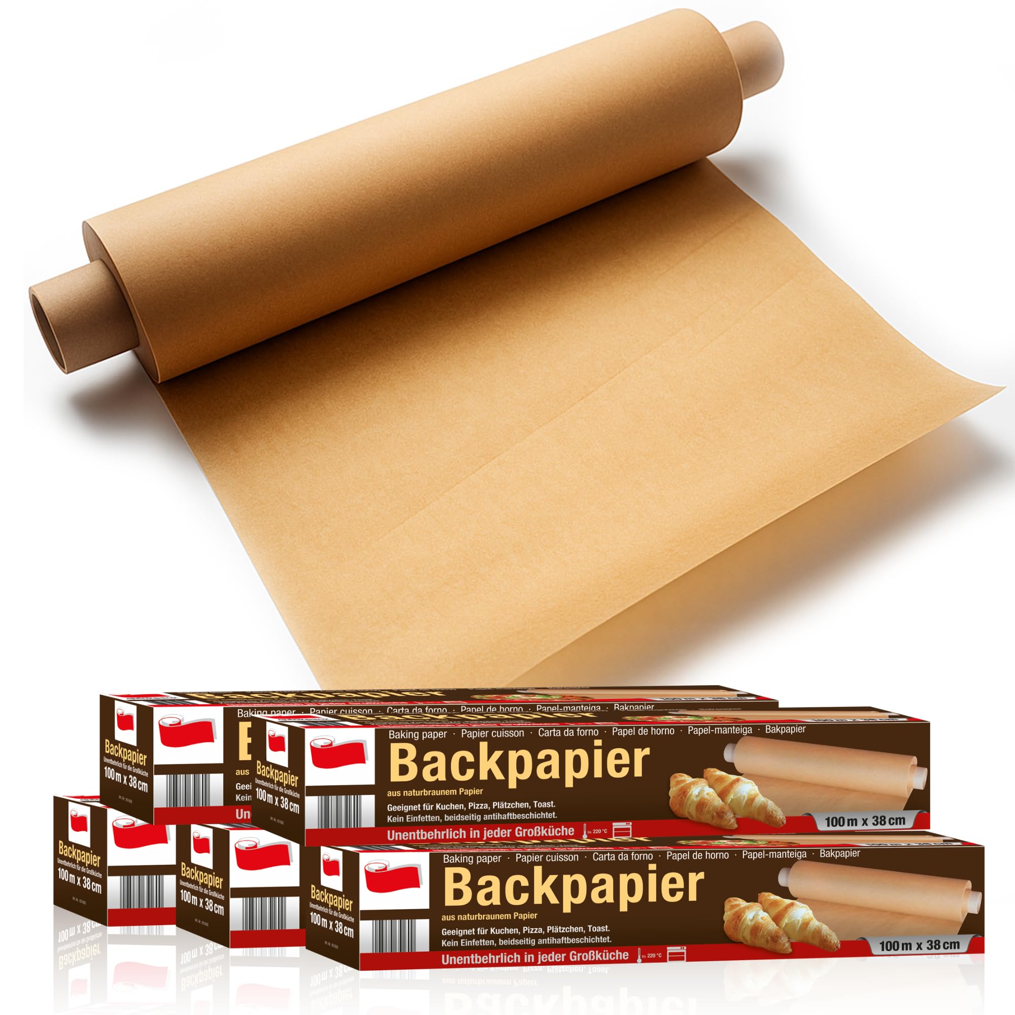 SULENO 5 x Backpapier Rolle, 38 cm x 100 m, 500 m - 5 Rollen | Antihaftbeschichtet, Hitzebeständig bis 220 °C, Beidseitig Silikoniert, Naturbraun