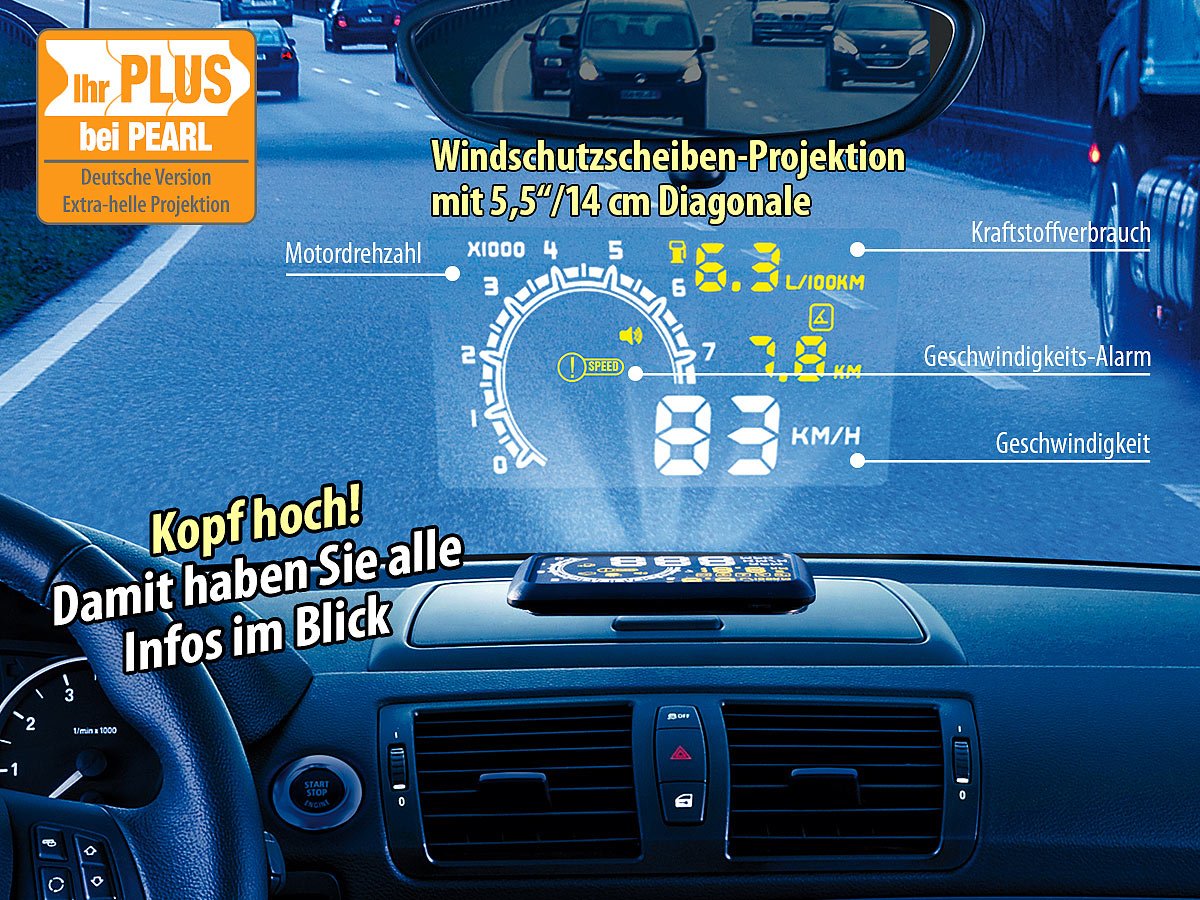 Lescars OBD2-Monitor: Head-up-Display HUD-55C für OBD2-Anschluss mit Armaturenbrett-Ablage (OBD2-Displays, Head-Up-Displays OBD2, nachrüsten)