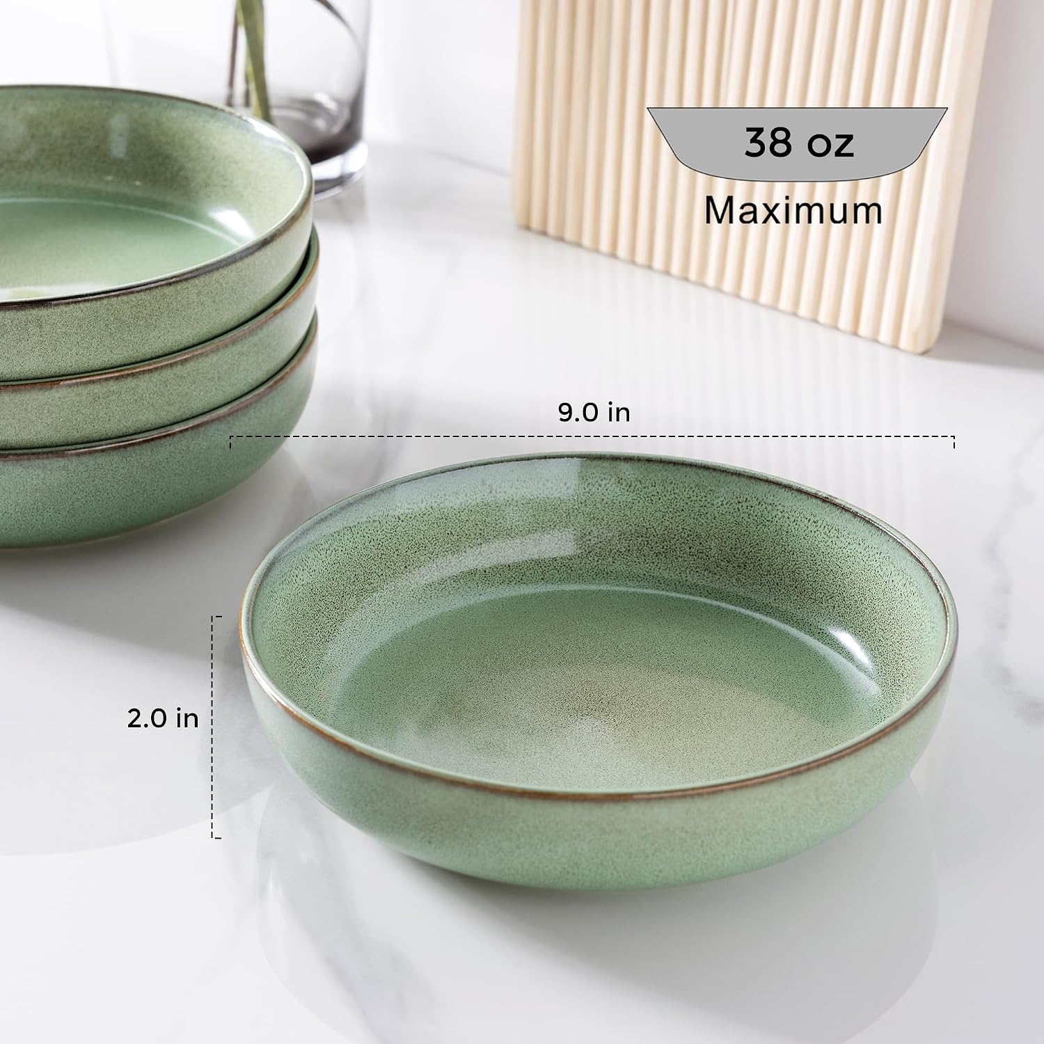GBhome 8.75'' Large Ceramic Pasta Bowls, 38oz Stoneware Pasta Serving Bowls Set of 4 for Kitchen, Wide Bowls for Fruit,Pasta,Salad,Oatmeal,Meal, Microwave Safe, Reactive Glaze-Pastel Green image 2
