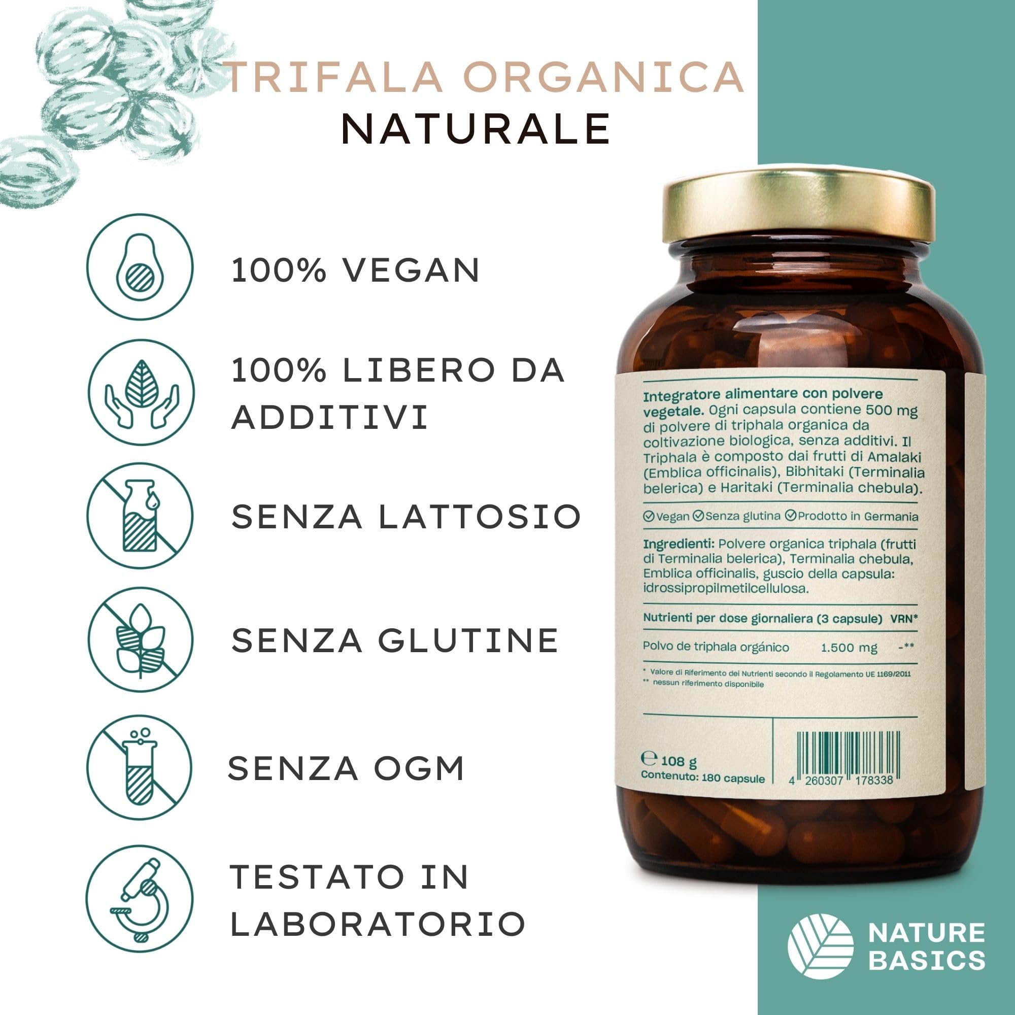 Nature Basics® BIO Triphala capsule certificate e in barattolo | Triphala ayurvedica altamente dosata con 1.500 mg per dose giornaliera | 180 capsule testate in laboratorio e provenienti da DE