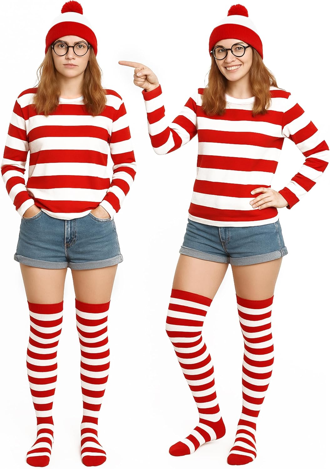 Halloween Costume Sets, Halloween Women Cosplay Red White Striped Shirt Beanie Cap Glasses Socks for Halloween Party - Image 3