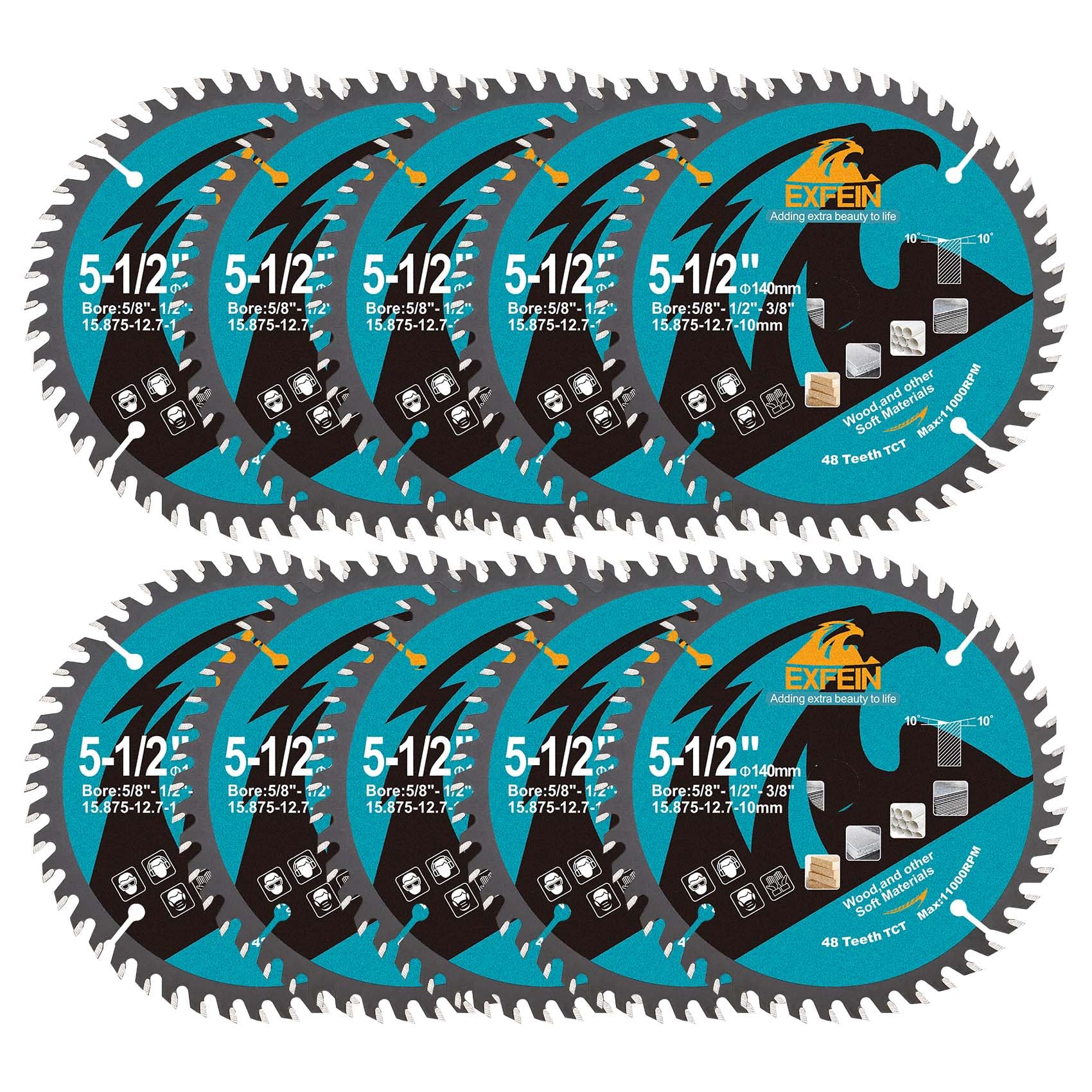 EXFEIN 140mm Wood Cutting Discs 10pcs, 48 Teeth ATB TCT Fine Finish Disc with 15.875mm Bore for Wood Plastic