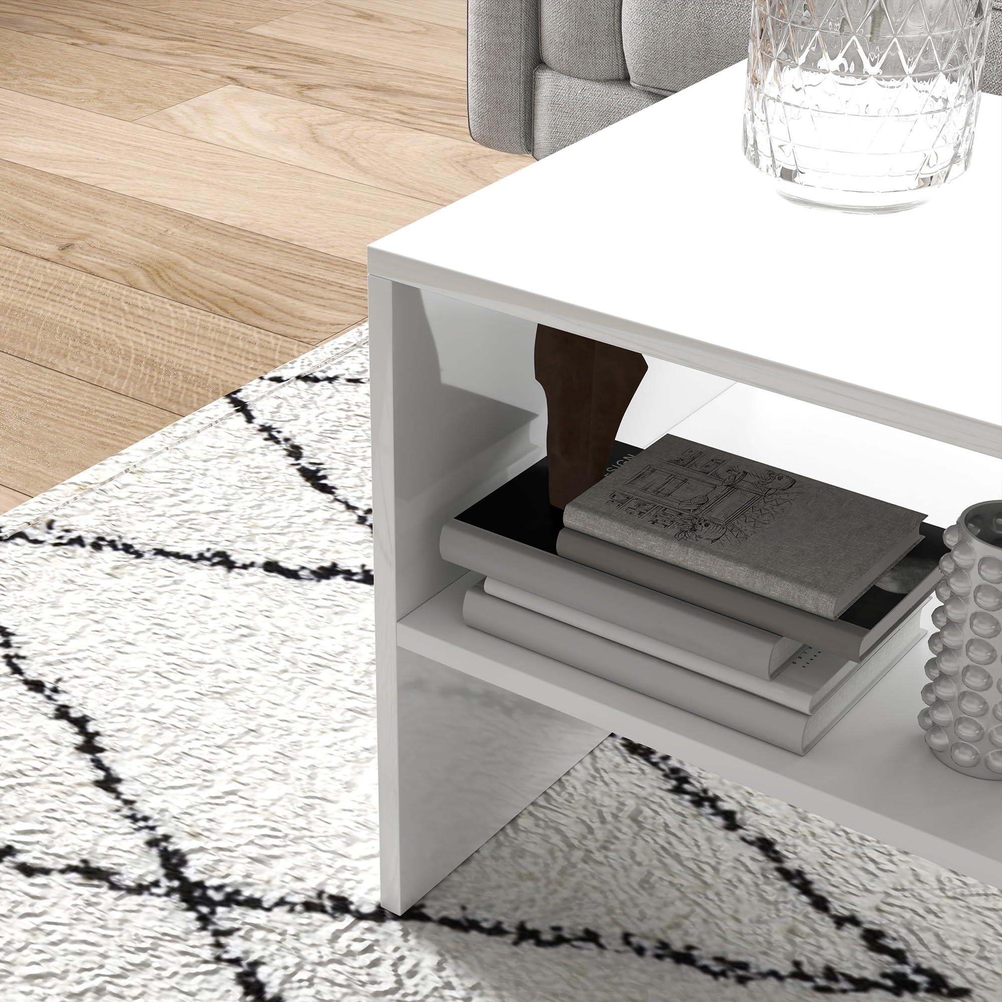HOMCOM Mesa de Centro Mueble Auxiliar con Compartimento Abierto Mesa de Café para Salón Comedor 100x40x41,5 cm Blanco Brillante