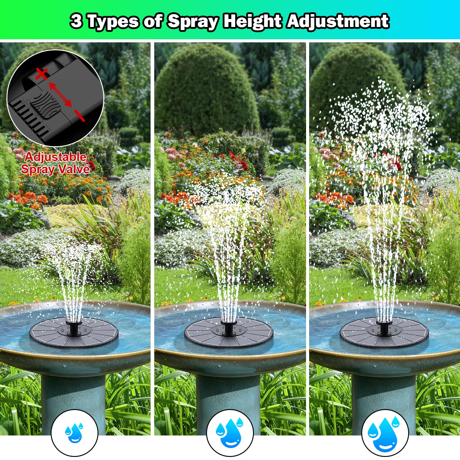 SZMP Solar Fountain Colorful LED, 3-Level Water Spray Height Adjustment, Rotating Rods Glass Bird Bath Fountains, 2000mAh Battery, 7 Nozzles Floating Solar Water Fountain for Garden, Pool (Black) - 5