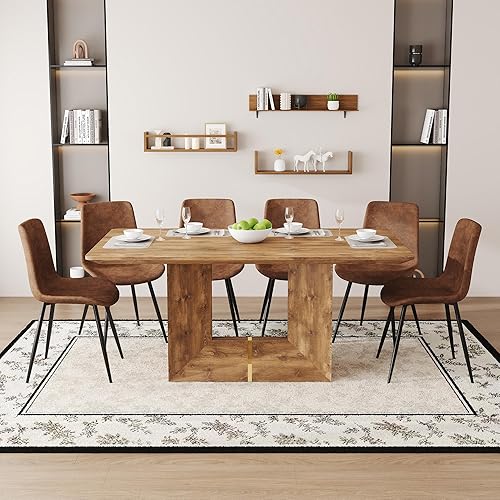 Miniatura 18 de Juego de mesa de comedor de 63'' para 6, juego de mesa de comedor de estilo granja de mediados de siglo para 6, mesa de grano de madera con base en