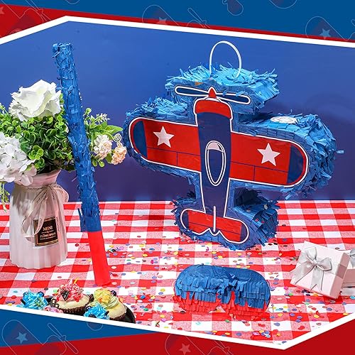 Miniatura 3 de Piñata de avión de 16 x 12 x 3 pulgadas, paquete de piñata de avión con palo para vendar los ojos y confeti para fiesta temática de avión, piñata