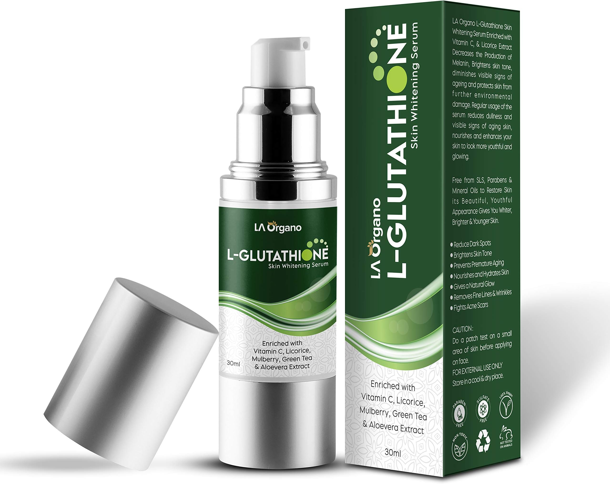 LA Organo L-Glutathione Serum for Skin Whitening & Damage Reduction - Face Brightening Serum with Vitamin C, Licorice Extract, 30ml