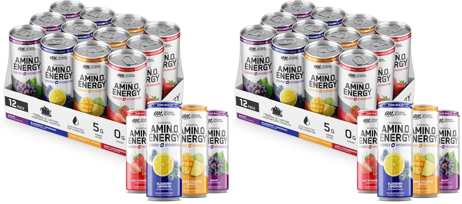 Optimum Nutrition Amino Energy Sparkling Hydration Drink,Electrolytes,Caffeine,Amino Acids,BCAAs,Sugar Free,12 Fl Oz,Variety (Packaging May Vary),12 Count (Pack of 2)