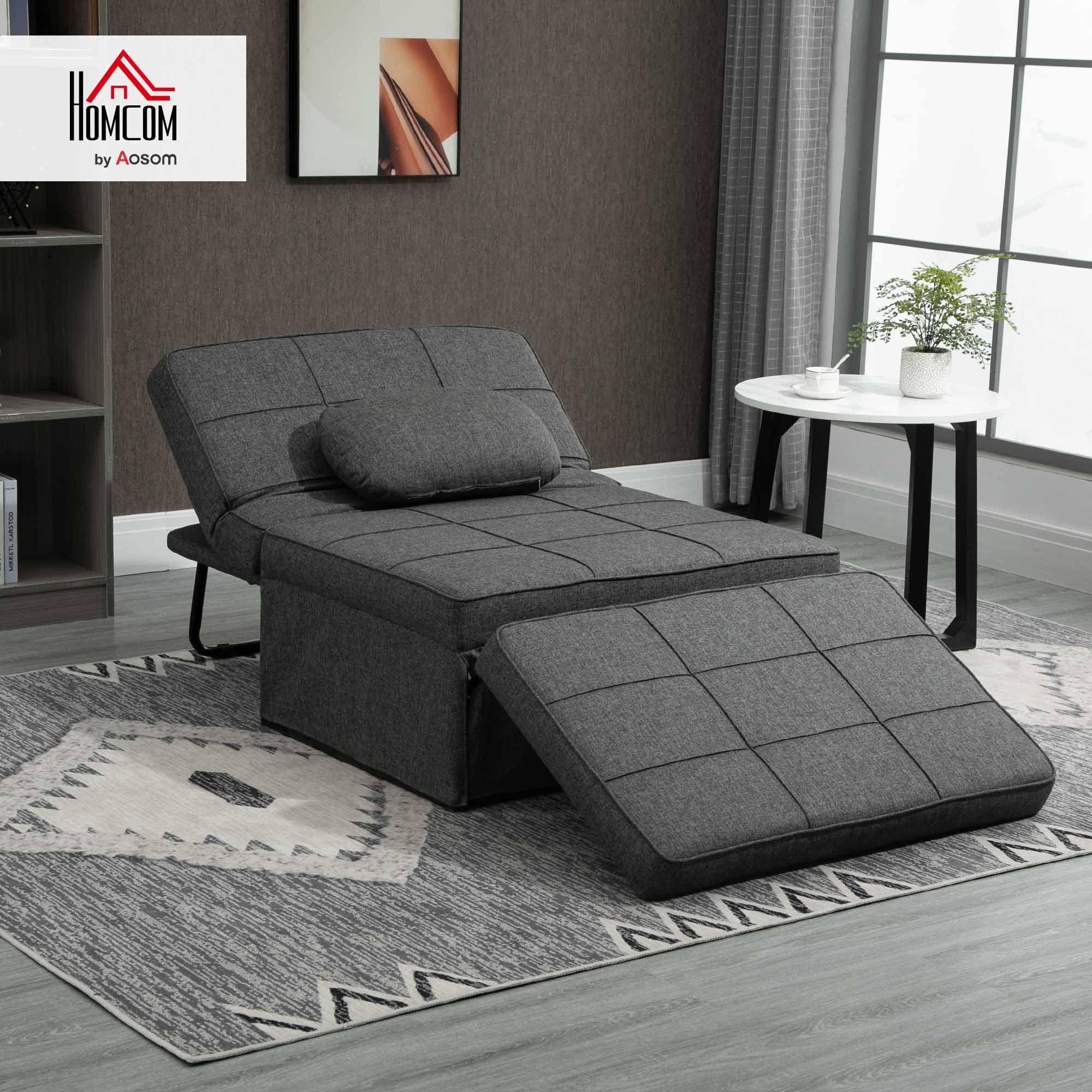HOMCOM Chauffeuse 1 Place 4 en 1 Fauteuil lit Convertible Pouf Dossier inclinable 5 Niveaux Repose-Pied Rabattable, Charge 200 Kg, châssis métal et Tissu Lin Gris