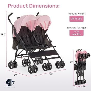 عربة أطفال Dream On Me Twin Venture Umbrella باللون الوردي، أوضاع متعددة لمسند الظهر، مظلة قابلة للتعديل والإزالة، عجلات دوارة 360 درجة مع أقفال