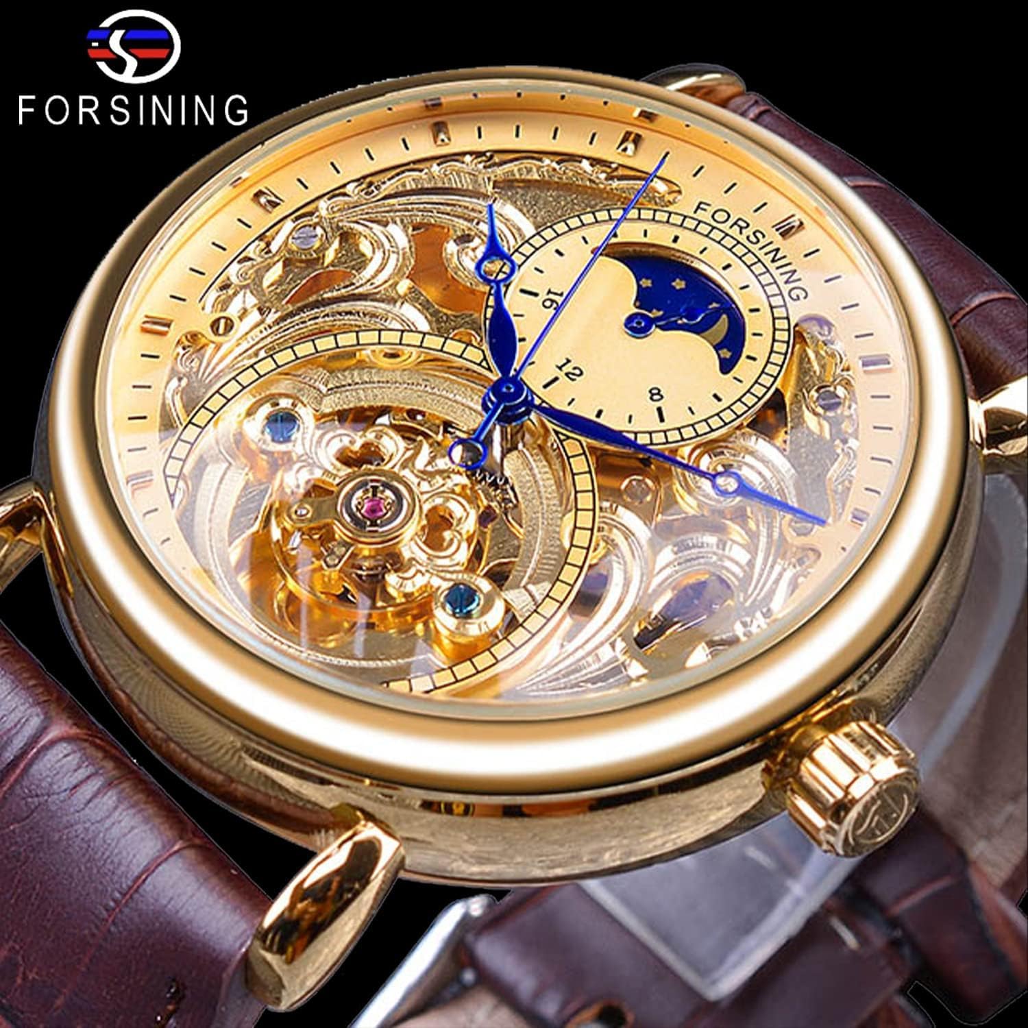 FORSINING Luxury Men's Watch with Moon Phase & Tourbillon, Retro Skeleton Hollow Self-Wind Mechanical Wristwatch, Leather Belt Automatic Movement Men Watches - Image 2