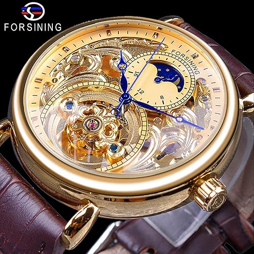 Miniatura 2 de FORSINING Reloj de lujo para hombre con fase lunar y tourbillon, reloj de pulsera mecánico de cuerda automática con esqueleto retro, correa de