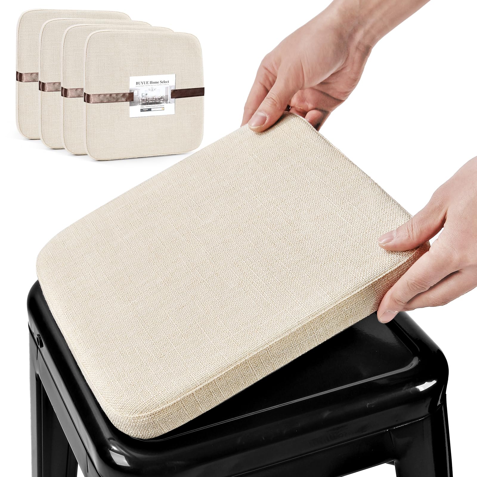 BUYUE Friendly Woven Fabric Magnetic Bar Stool Cushions Set of 4, Enhanced Anti-Slip Breathable Small Chair Seat Pads for Café Bistro Stackable Metal Stools (Square, Beige, 4 Counts)