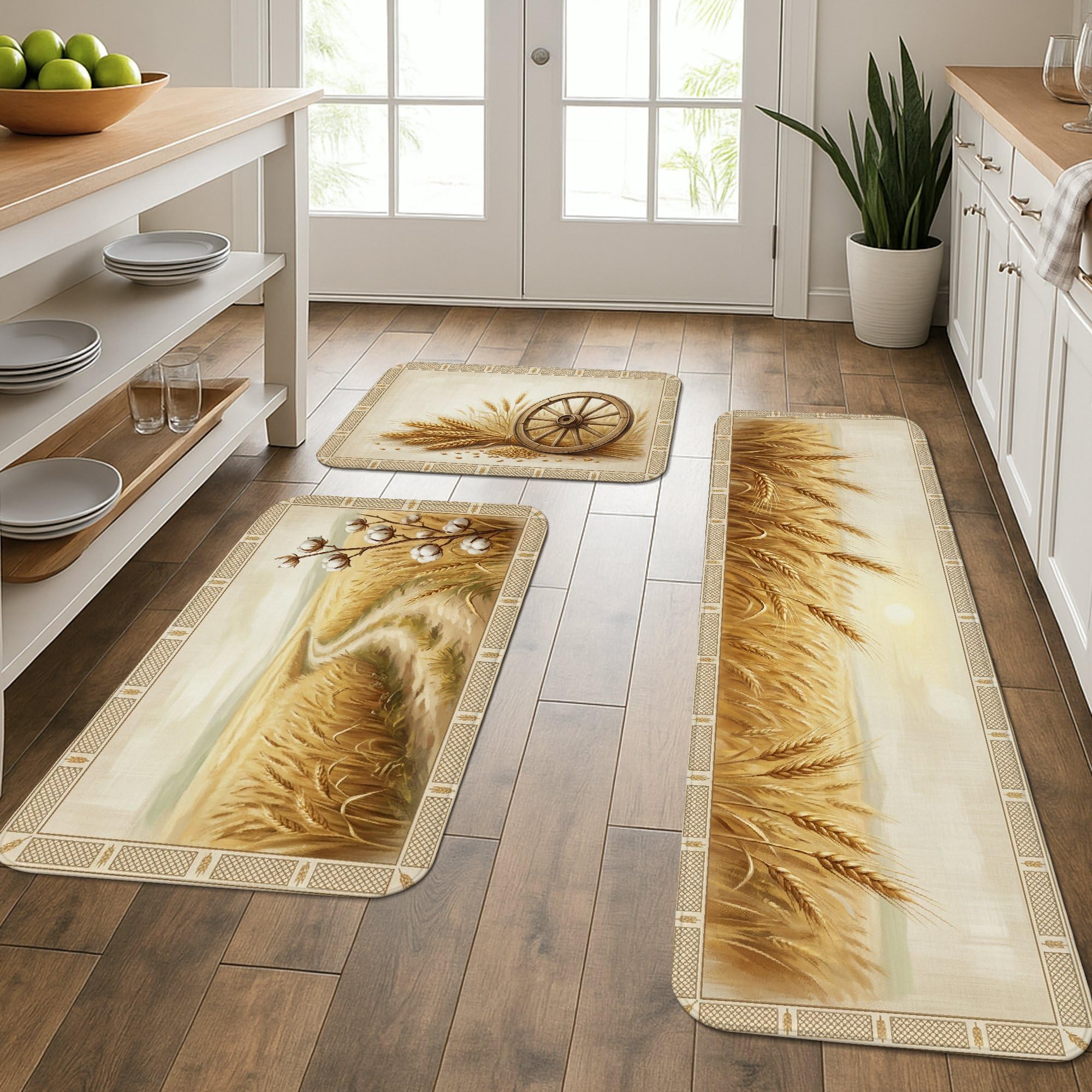 Tapis de cuisine rustiques à motif blé beige automne lavables lot de 3 tapis