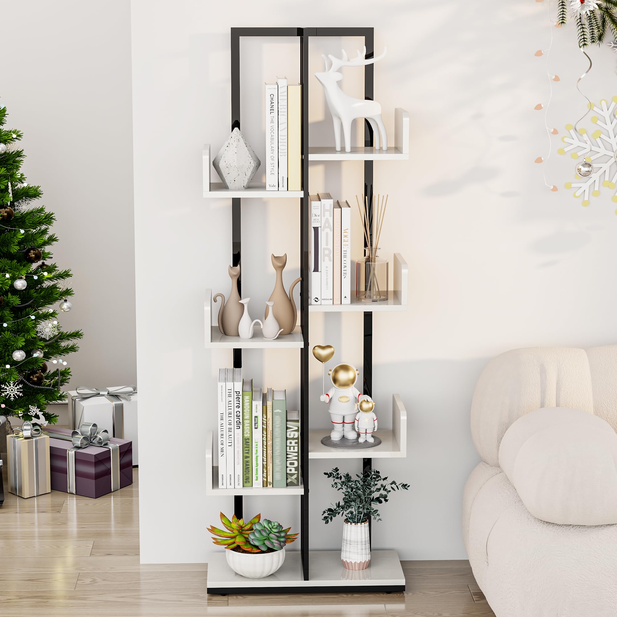 Gadroad 8 Tier Tree Bookshelf, Industrial Wood Bookshelf with Stable Metal Frame, Open Display Rack Bookcase for Living Room, Home Office, Plant Flower, White