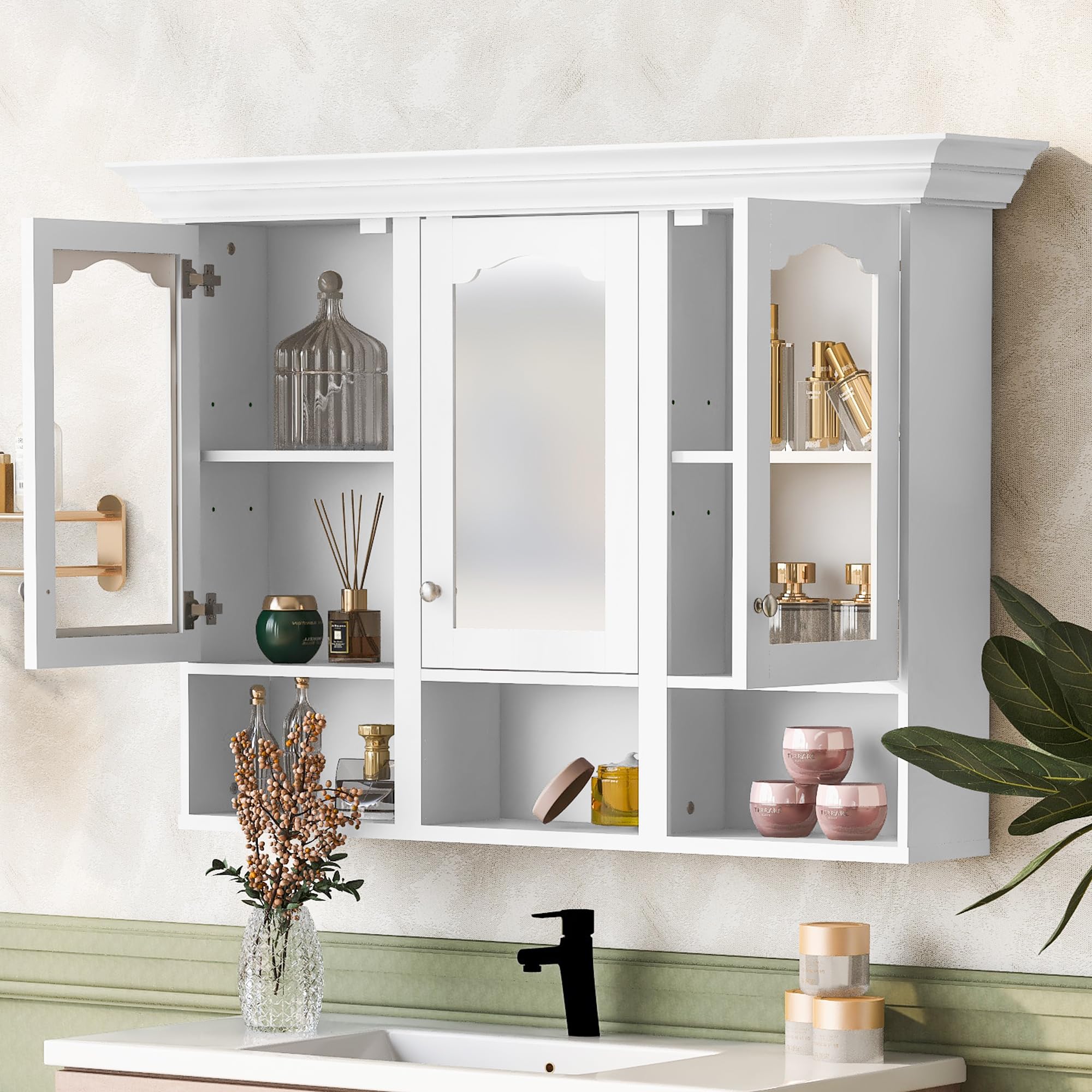 Merax Bathroom Wall Cabinet with Mirror, Wall Mounted Medicine Cabinet with Glass Doors, Adjustable Shelves and Open Spaces, 48