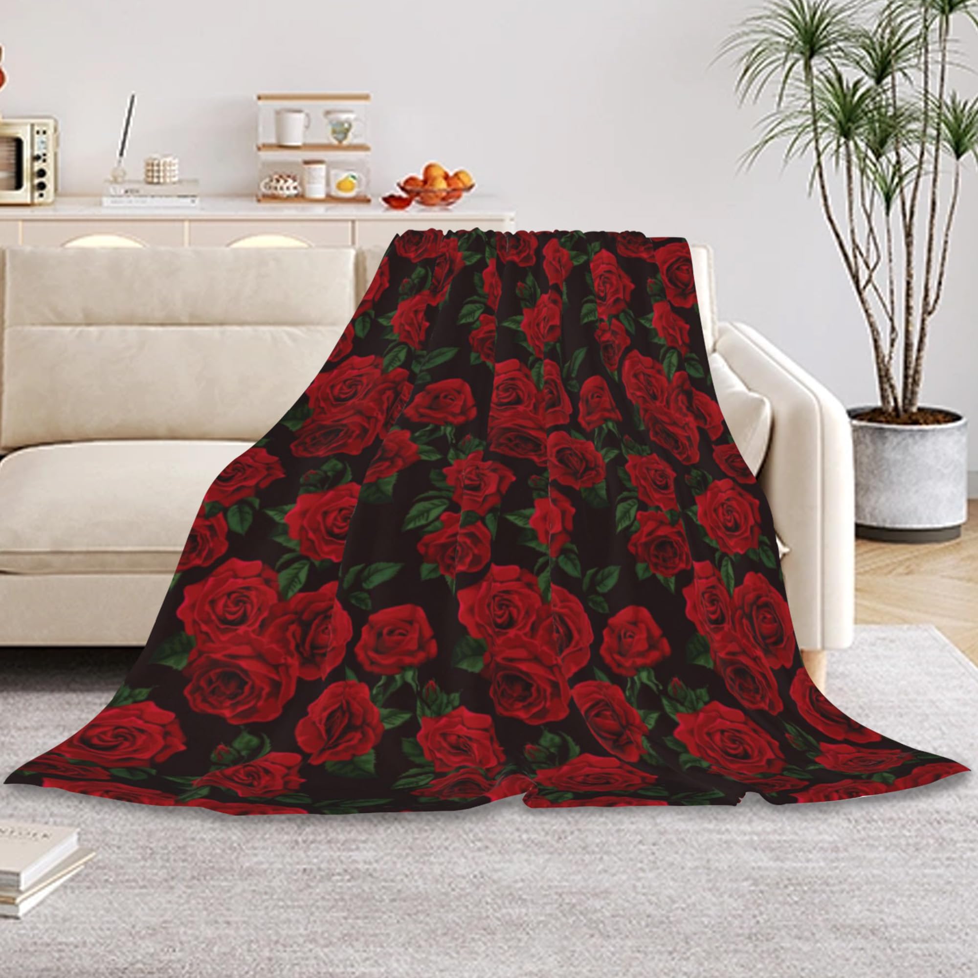 HUSITI Red Rose Decor Throw Blanket,Flannel Soft Home Decor for Women Men Birthday Gifts, GentleSoft Cozy Fruit Pattern Blankets for Couch Bed Camping,50"x60"