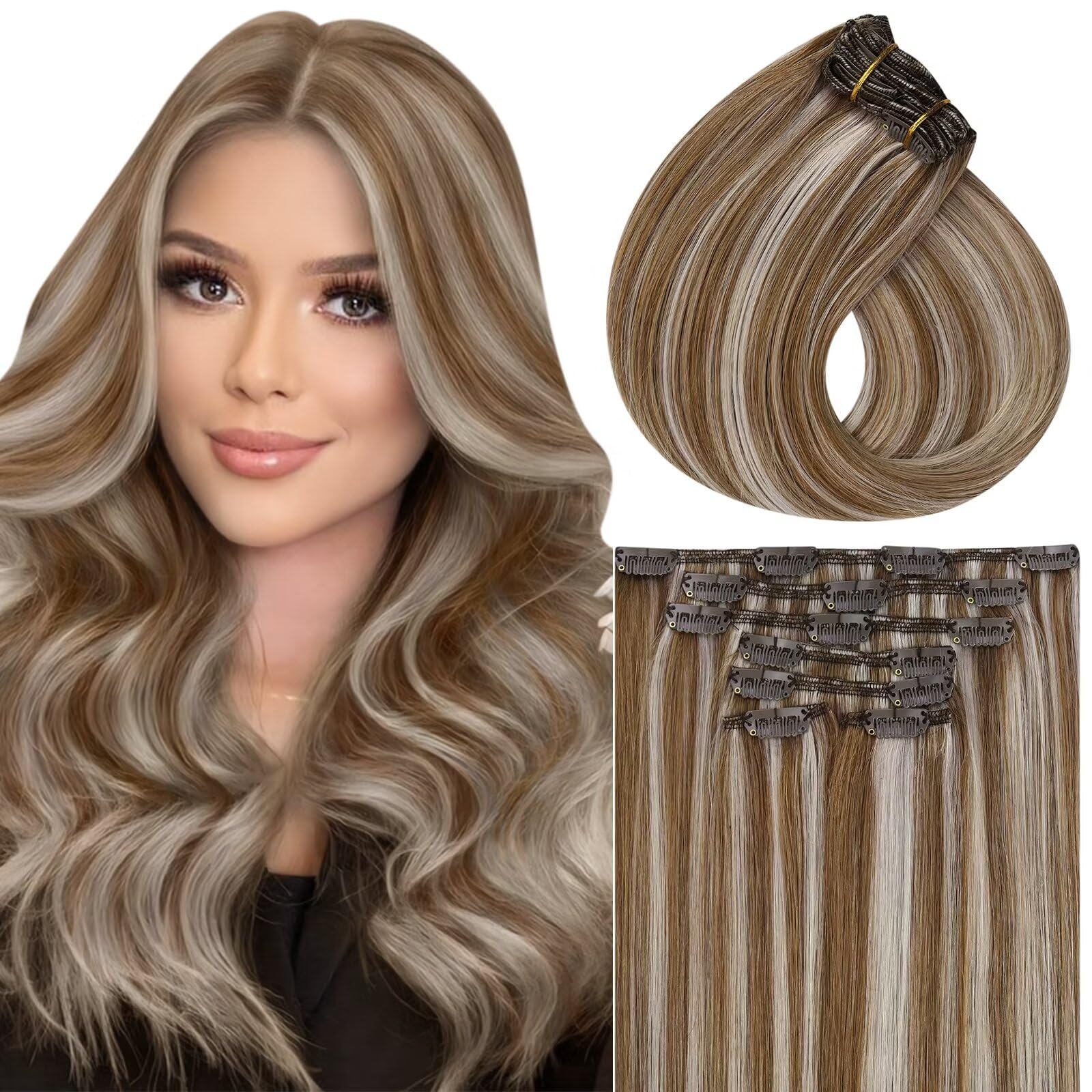 Vivien Extensions Capelli Veri Clip 30cm Capelli Clip Extensions Marrone Evidenziares Biondo Extensions Clip Capelli #8/60 120g 7 Pezzi Invisibile